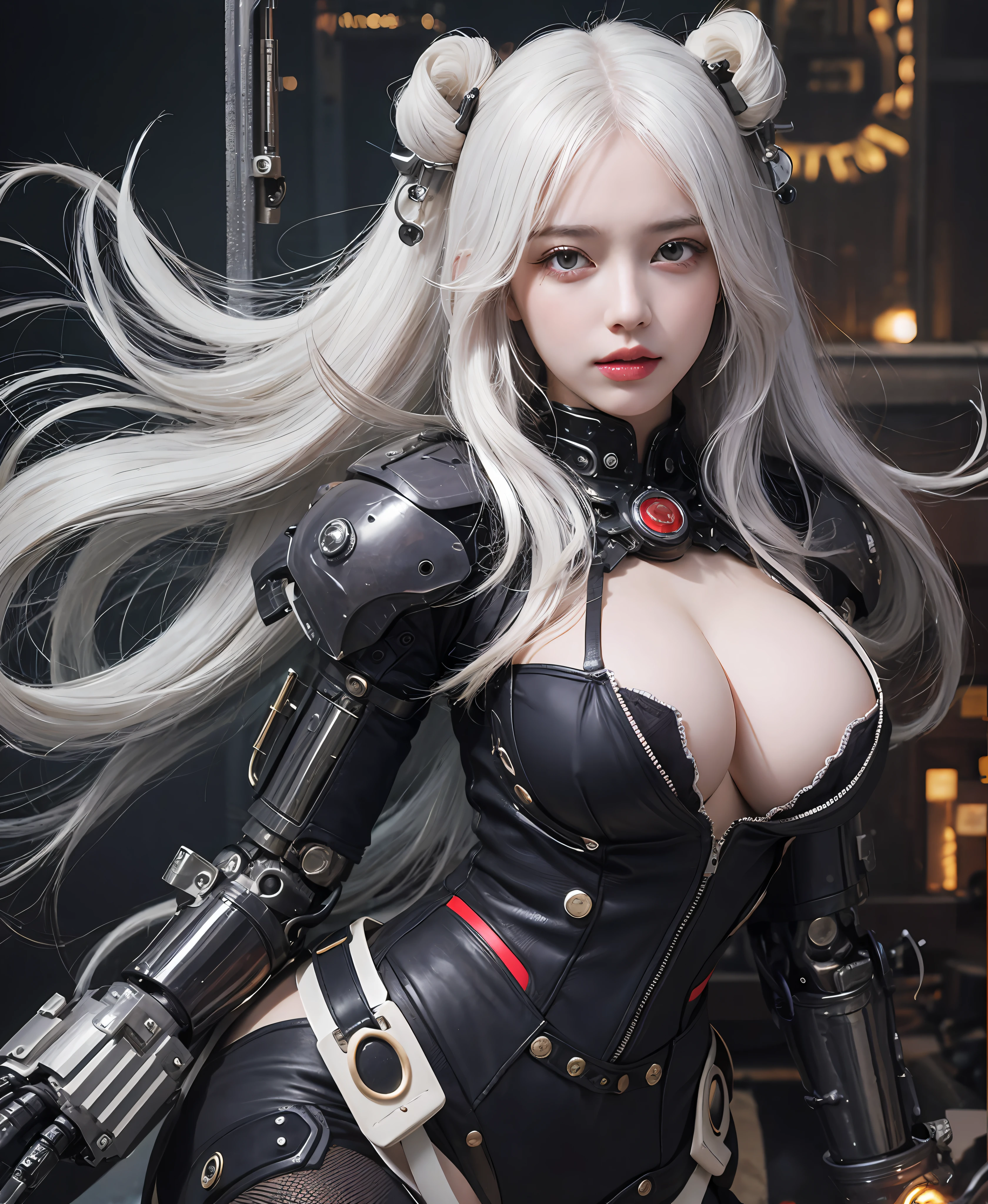 white hair、long fluttering hair、strong breeze、a purple eye、Luminous Eyes、Steampunk Girl、Colossal tits、The face and chest are alive、Cleavage is visible。photoRealstic、portfolio、Steampunk Cyborg、Gothloli details、metalic、detailed mechanical components、Bundle of thin tubes、Hydraulic cylinder、gear wheel、Luminous tube、Detailed neon、Fine LED、Fine parts