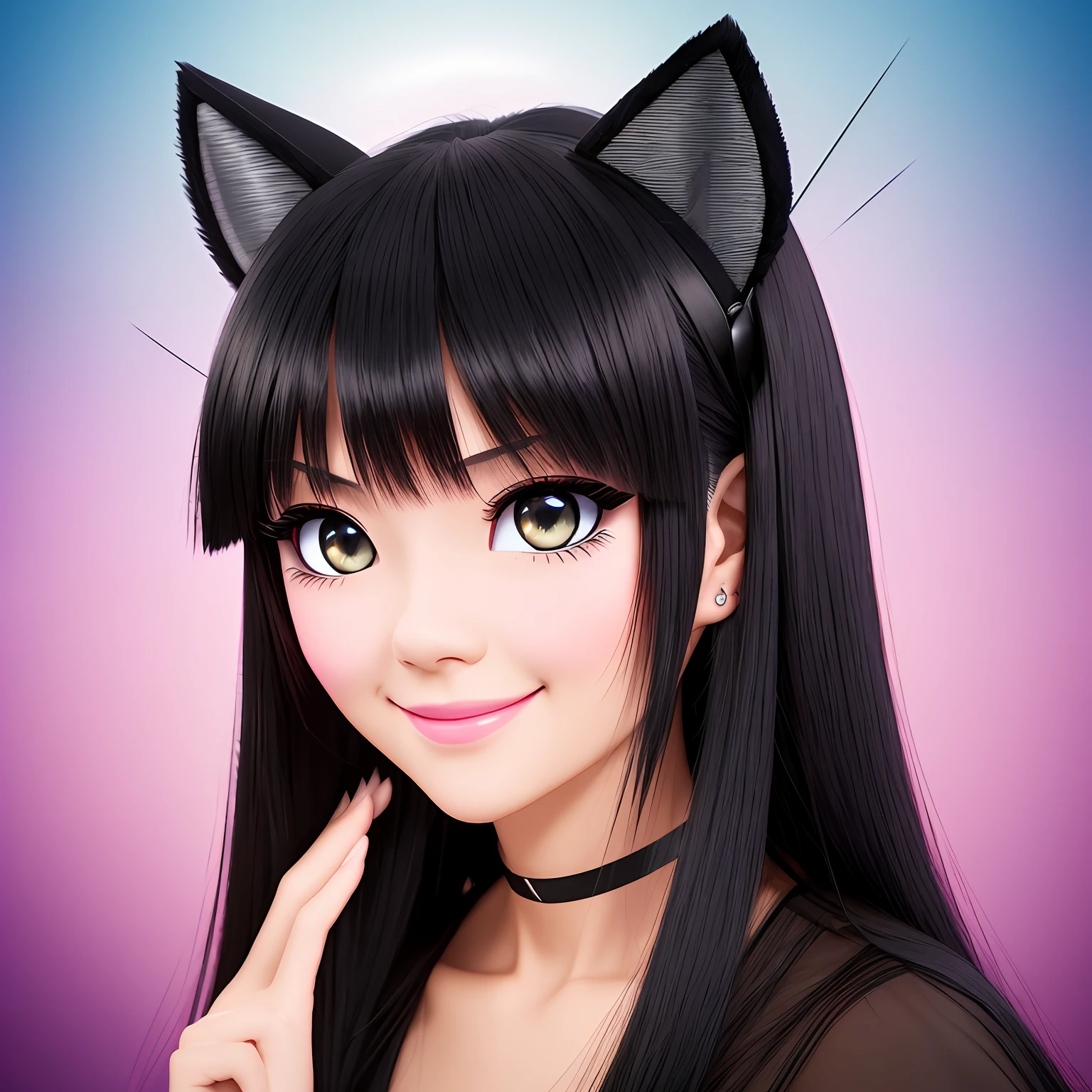 black hair, hair bobbles, wince, longeyelashes, solid circle eyes, fake animal ears, light smile, ear blush, fang, smile, Surrealism, drop shadow, anaglyph, stereogram, tachi-e, pov, atmospheric perspective, 8k, super detail, ccurate, best quality --auto