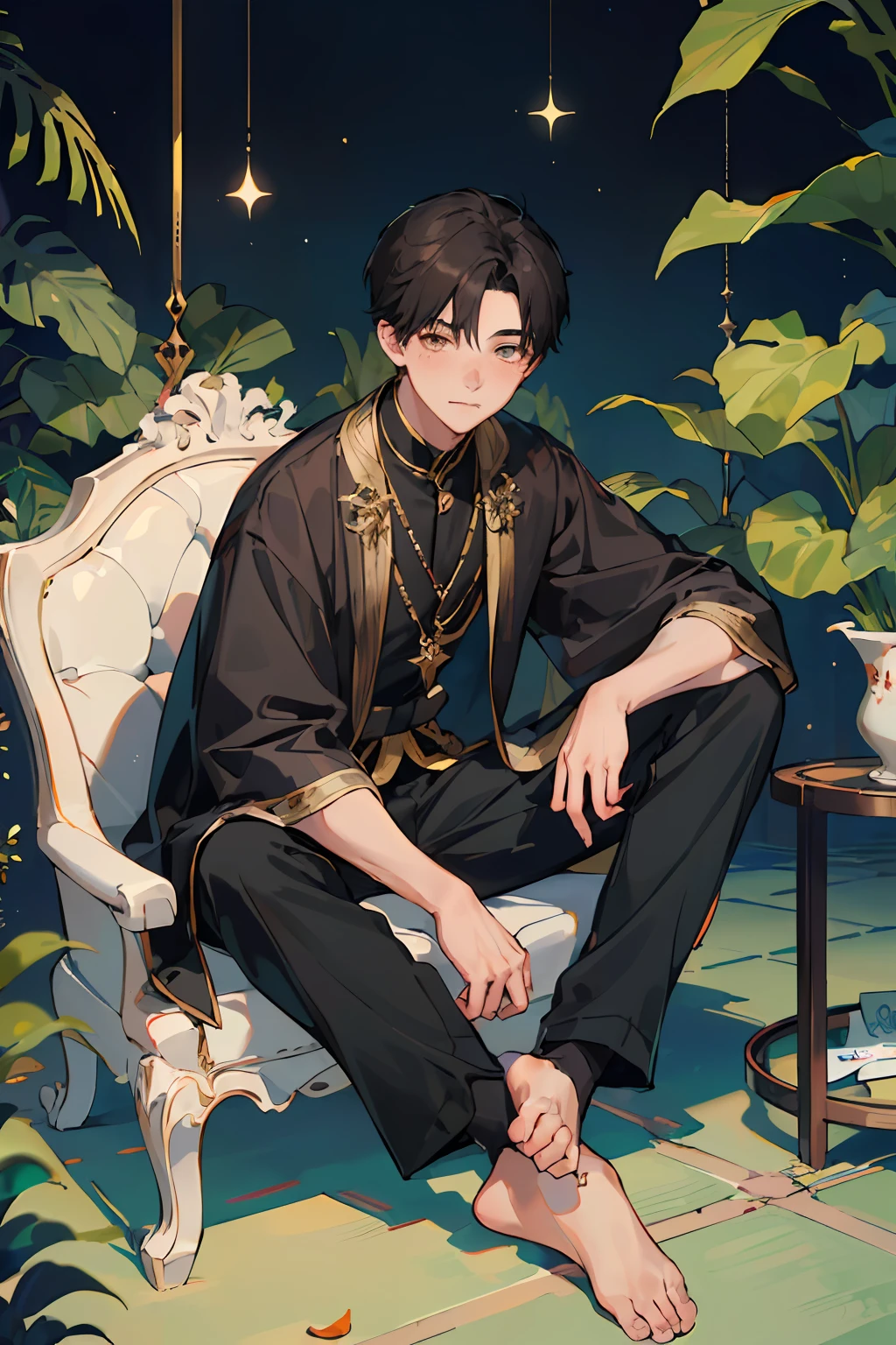 (AS-Young:1.7), (1boy:1.8), (male focus:1.2), (cute:1.7) solo, solo focus, masterpiece, ((exquisite_detail)), illustration, (handsome), extremely_detailed_CG, dark hair, gold eyes, black, blush, golden robe, merchant, leaf, looking at viewer, sitting down, (spread legs:0.9), (barefoot:0.9), cute boy