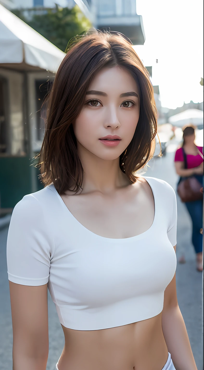 ((Realistic lighting, Best quality, 8K, Masterpiece:1.3)), Focus:1.2, 1girl, Perfect Figure:1.4, Slim Abs:1.1, ((Dark Brown Hair)), (White Crop Top: 1.4), (Outdoor, Seaside: 1.1), City Street, Super Fine Face, Fine Eyes, Double Eyelids,