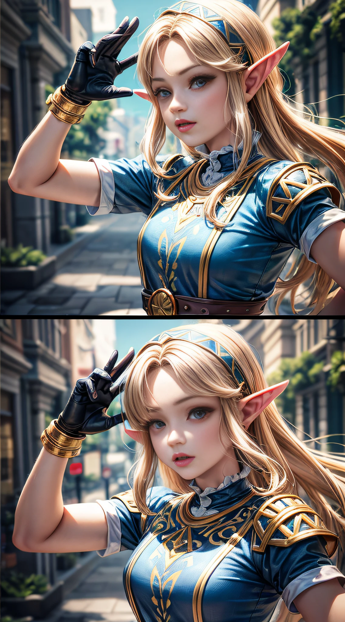 Link de the legend of zelda em roupa azul e bege segurando em poses de combate como em street fighter, Zelda, Retrato de Zelda, de lenda de Zelda, Link da lenda de Zelda, link do Zelda, Fotos cosplay, Cosplay ornamentado, Cosplay profissional, Cosplay, Cosplay Completo, Artgerm Moody Fotografia, Campos Hyrule, ray-traced, 3D-rendering, extremanente detalhado, alta qualidade, luz e sombra realistas, cabelos loiros, eye reflection, sorriso leve, ray tracing, ray tracing, High detail, Realismo, hiper-realismo, profundidade de campo, Cinematic lighting, desfoque de movimento, brilho, luz brilhante, raios de deus, ray tracing, reflection light, Afterimage, Multiple views, Reflexo da lente, Bokeh, 4k, UHD, master part, anatomicamente correto, pele texturizada, super detalhe, alta qualidade, best quality, 8k