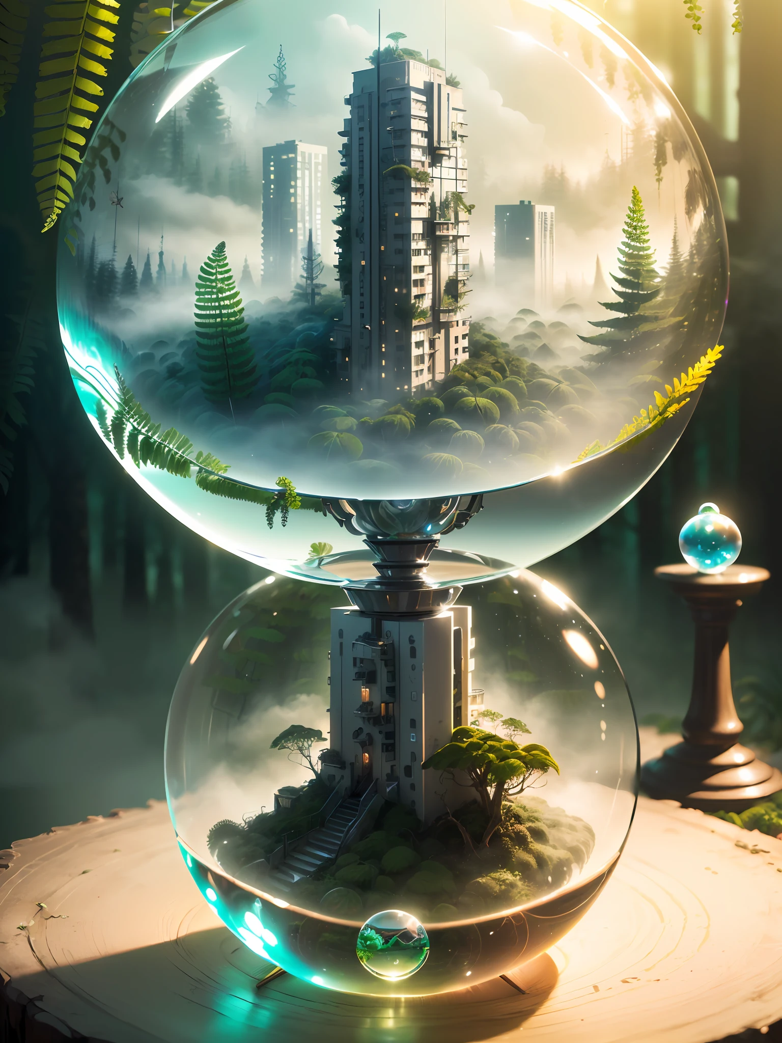 Hyper-realistic、16K High Resolution、Large-scale、(Maximum Sharp Focus:1.3)、(Maximum Close-up:1.5)、(Modern high rise tower apartment in foggy forest trapped in crystal ball with pedestal on table:1.4)、(cyberpunked、mosses、ferns:1.5)