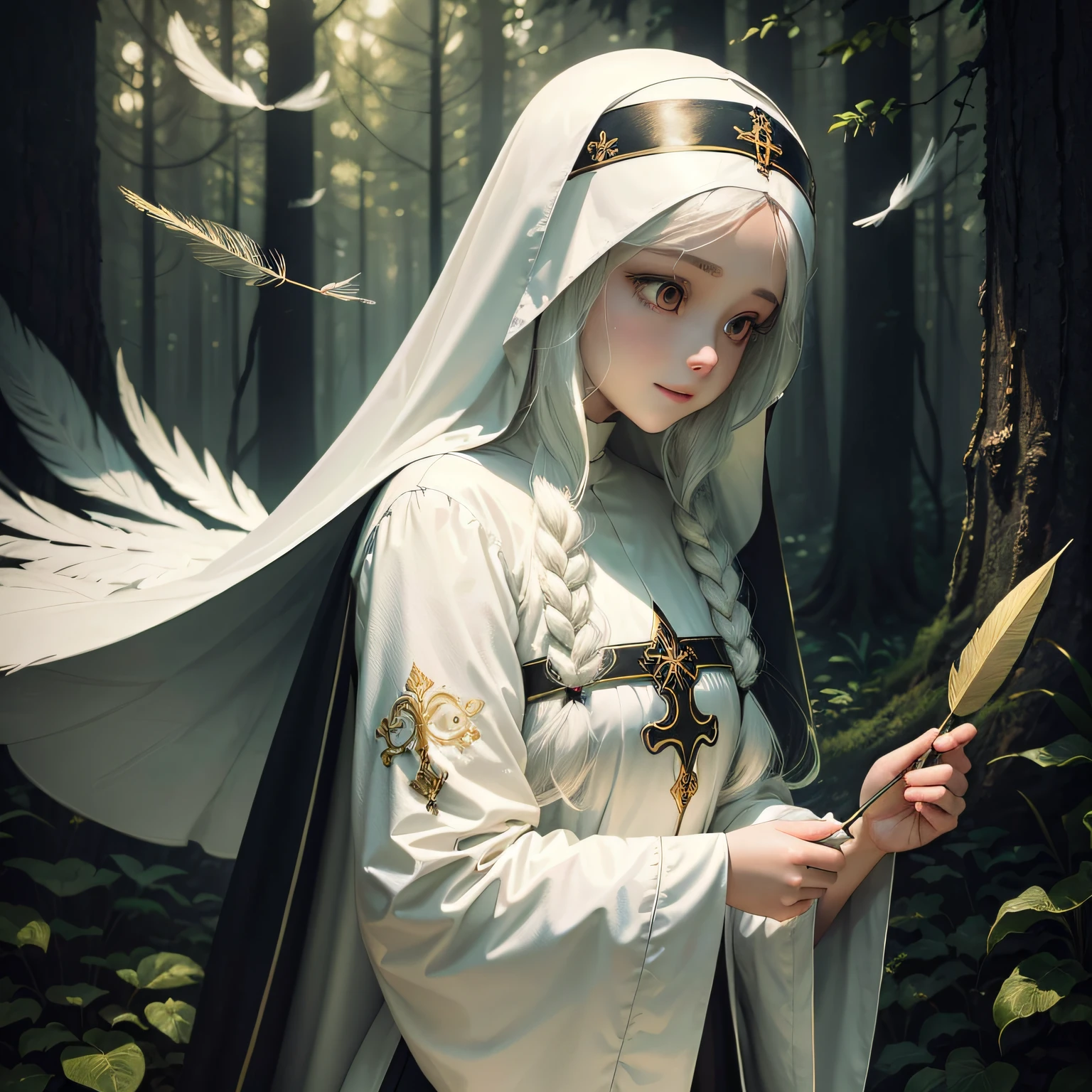 (picture quality is high,The painting style is beautiful), Deep in the woods,(1girl),With a light smile,Long white hair flew in the air,Dressed in a gorgeous nun costume,Feather ornaments adorn hair,The posture is elegant and solemn,(holy+a sense of mystery):1.2, A mysterious goddess illuminated by light。 --auto
