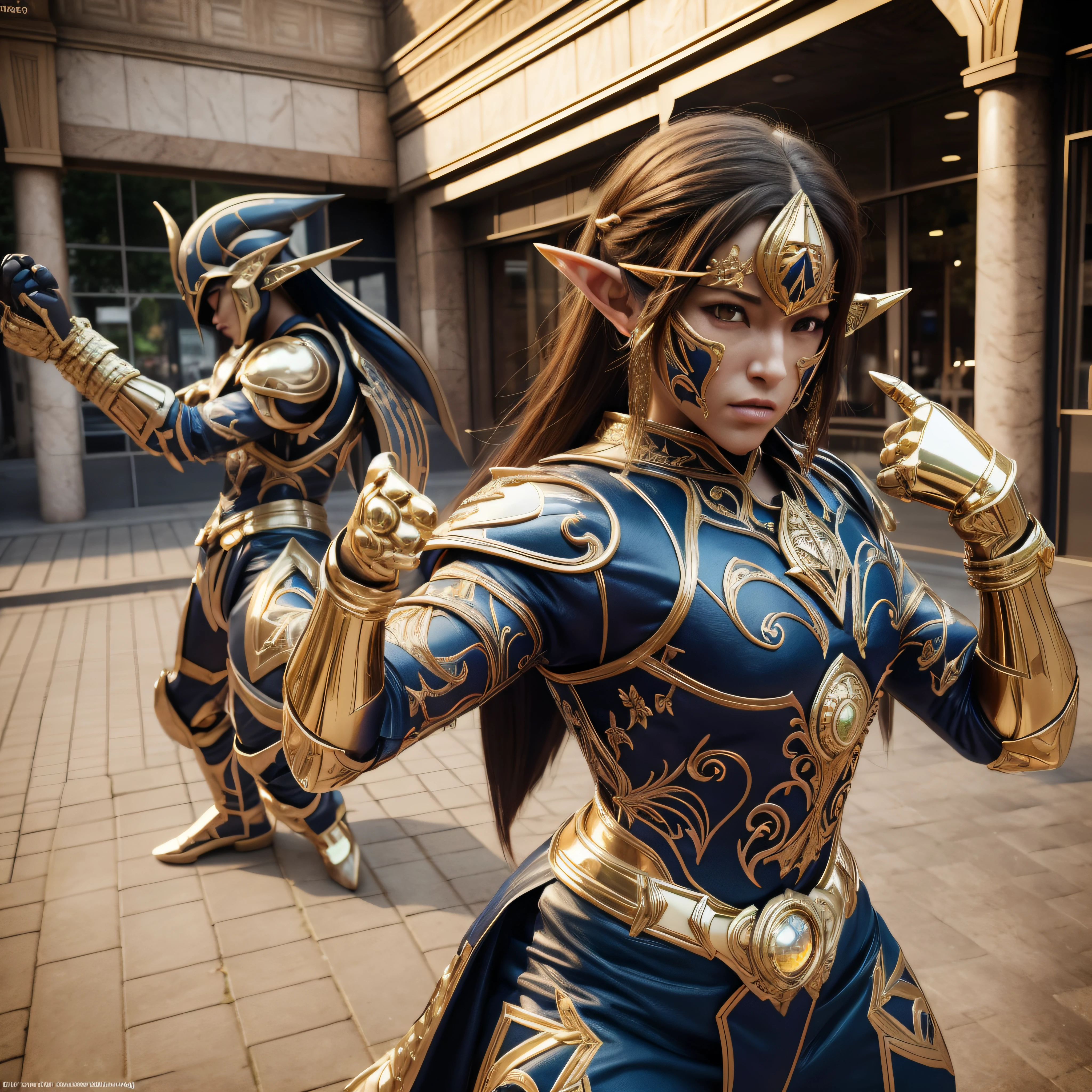 Link de the legend of zelda em roupa azul e bege segurando em poses de combate como em street fighter, Zelda, Retrato de Zelda, de lenda de Zelda, Link da lenda de Zelda, link do Zelda, Fotos cosplay, Cosplay ornamentado, Cosplay profissional, Cosplay, Cosplay Completo, Artgerm Moody Fotografia, Campos Hyrule, ray-traced, 3D-rendering, extremanente detalhado, alta qualidade, luz e sombra realistas, cabelos loiros, eye reflection, sorriso leve, ray tracing, ray tracing, High detail, Realismo, hiper-realismo, profundidade de campo, Cinematic lighting, desfoque de movimento, brilho, luz brilhante, raios de deus, ray tracing, reflection light, Afterimage, Multiple views, Reflexo da lente, Bokeh, 4k, UHD, master part, anatomicamente correto, pele texturizada, super detalhe, alta qualidade, melhor qualidade, 8k