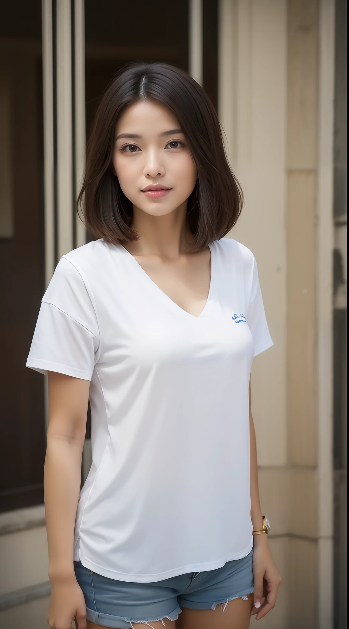 Beautiful young asian girl, melhor qualidade, Ultra High Res, (fotorrealista: 1.4), Outono, Rua, sneaker, camisa para baixo, ombros nus, Calcinha, Corpo perfeito, Seios pequenos,, (Cabelos longos grisalhos:1), ((Olhos inchados)), Feliz, Nu, Corpo Inteiro
