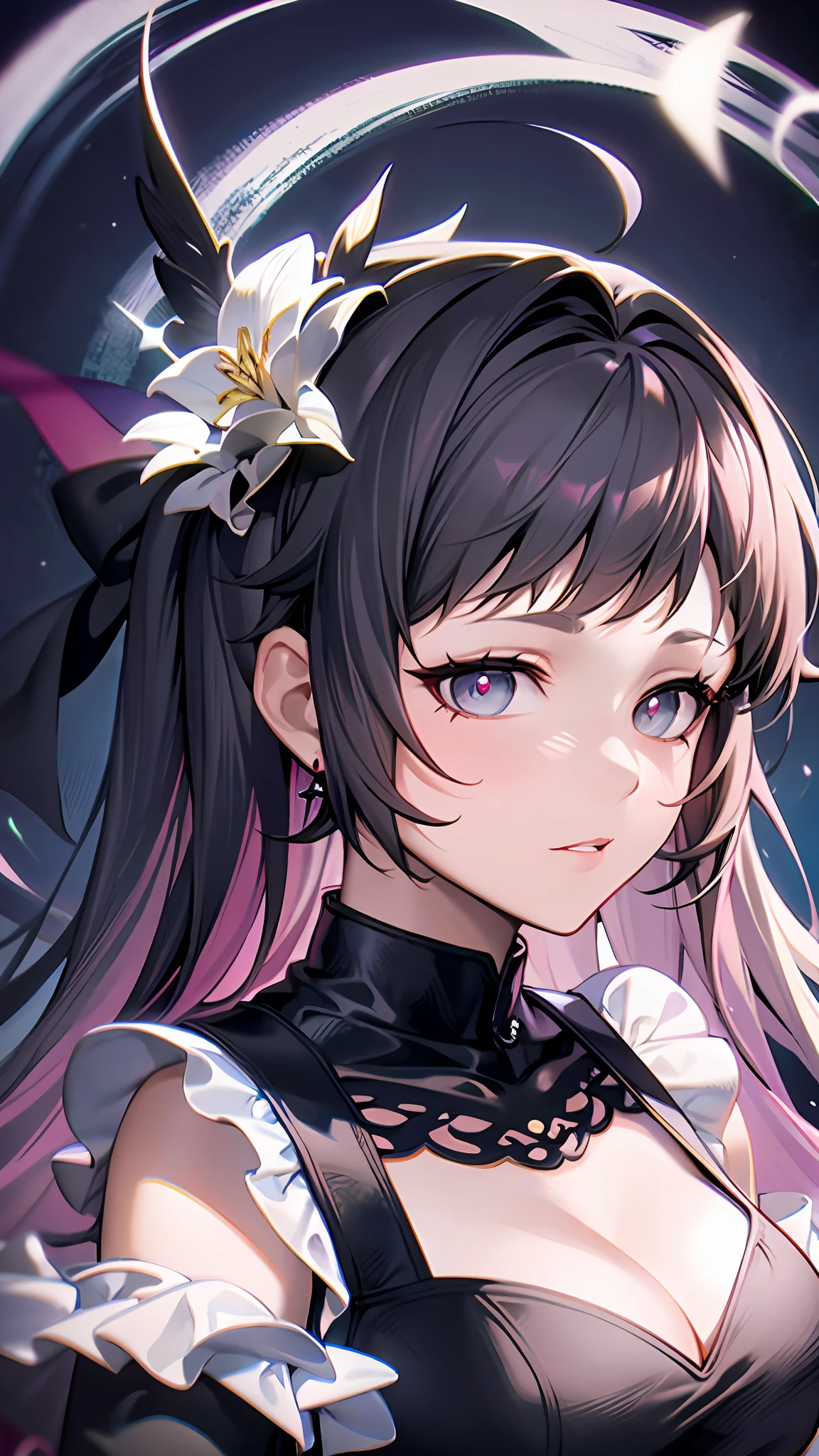 a close up of a woman in a dress with a white and black dress, gothic maiden anime girl, anime girl wearing a black dress, cute anime waifu in a nice dress, anime girl in a maid costume, an elegant gothic princess, guweiz, guweiz on pixiv artstation, guweiz on artstation pixiv, beautiful anime girl