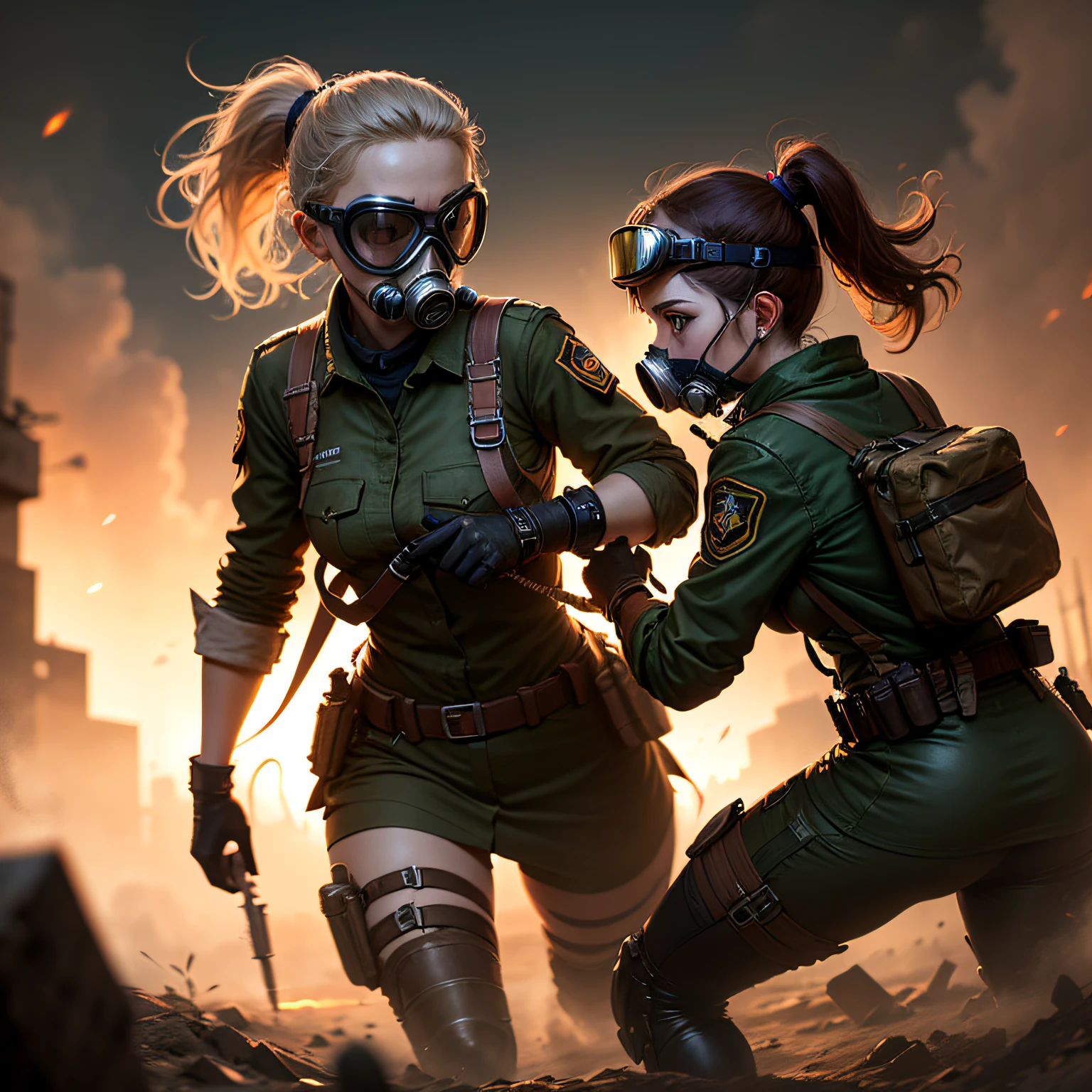 ponytail, goggles, gas mask, Surrealism, chiaroscuro, UHD,karo,Girls in full combat uniforms,white skinned --auto