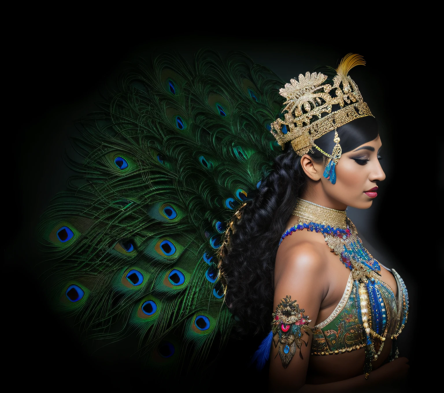 araffe woman with peacock feathers and headdress in a dark room, Beautiful costumes, elaborate costume, wearing crown of bright feathers, jeweled costume, exotic costumes, brazil carnival, costume with blue accents, feathered headdress, girl with feathers, aztec princess portrait, crown of body length feathers, wearing an ornate outfit, jeweled headdress