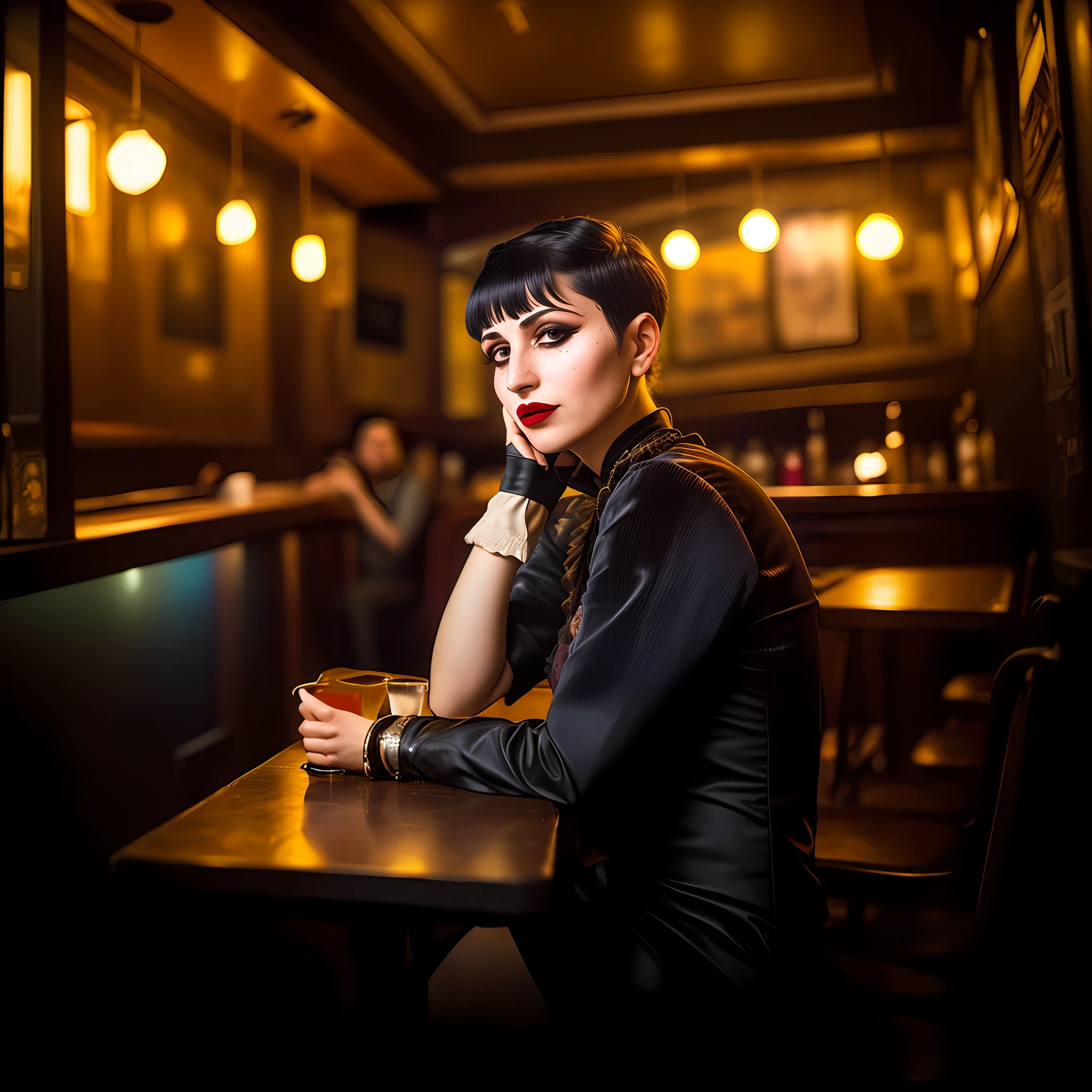 gothic woman sitting in dirty old-school bar