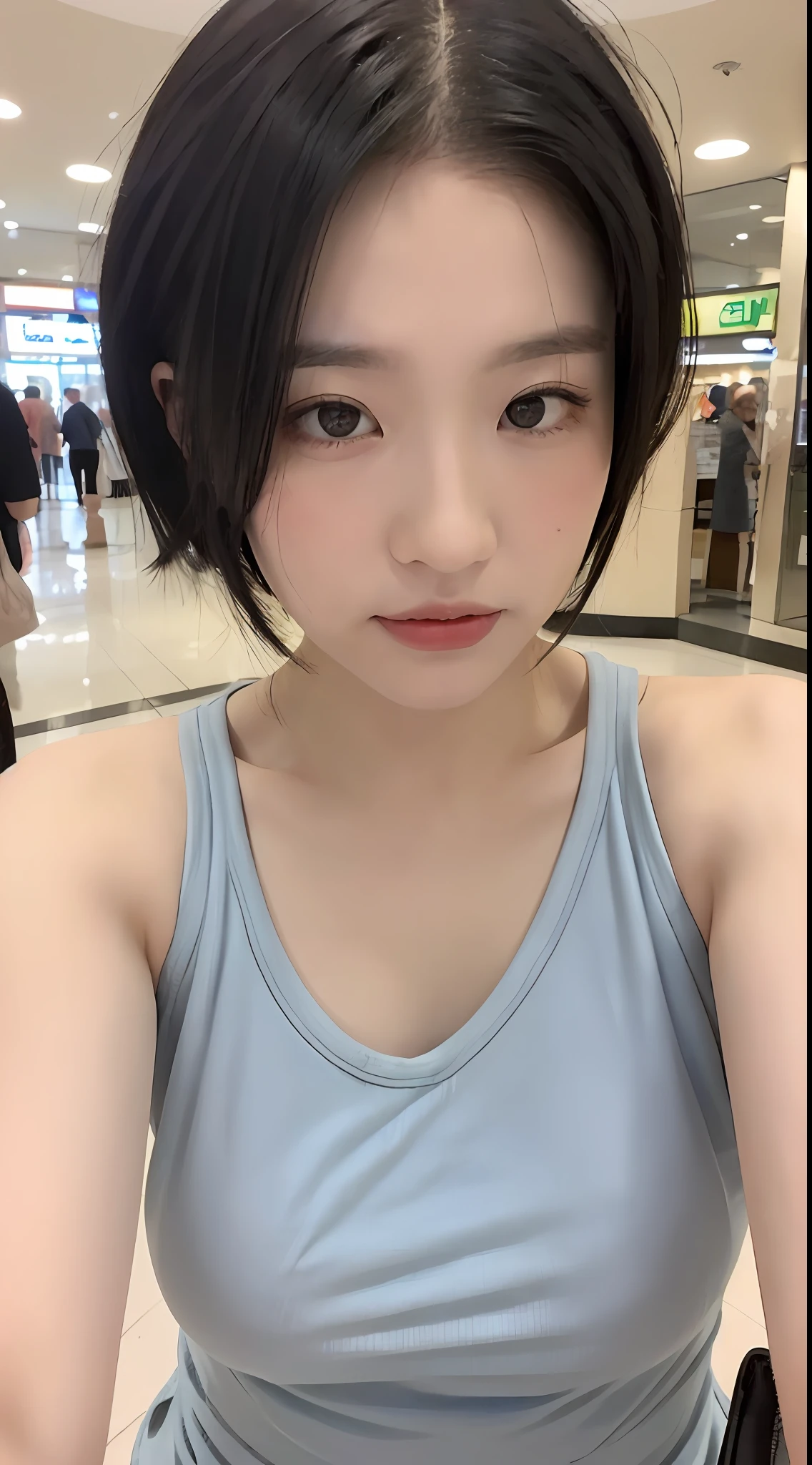 ((Best quality, 8K, Masterpiece :1.3)), Sharp focus :1.2, perfect figure beautiful woman:1.4, ((short detailed hair, mischievous expression:1.2)), (Tank top shirt:1.1 ), (shopping centre:1.2), Highly detailed facial and skin texture, A detailed eye, 二重まぶた，No leakage，