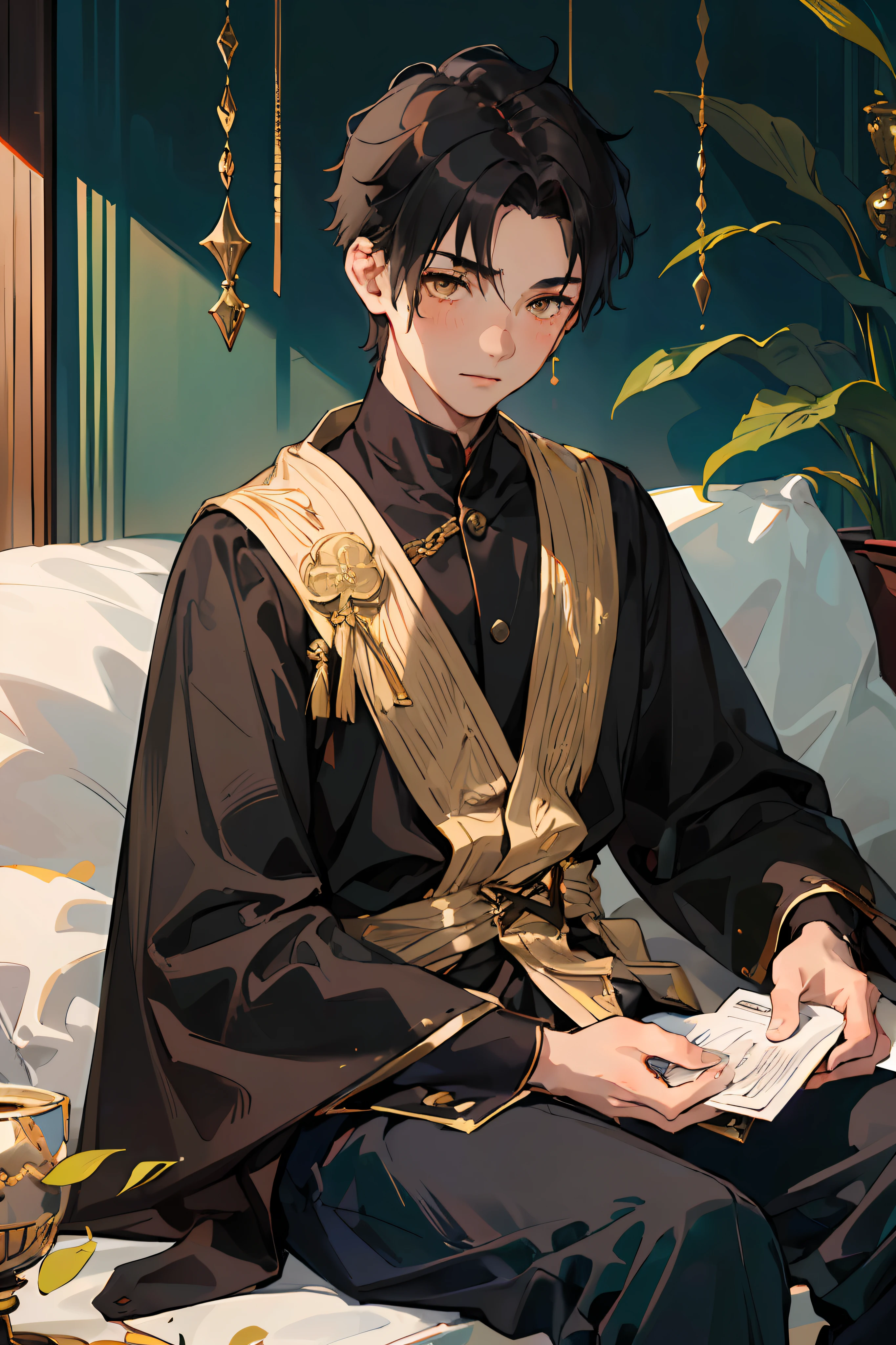 (AS-Young:1.7), (1boy:1.8), (male focus:1.2), (cute:1.7) solo, solo focus, masterpiece, ((exquisite_detail)), illustration, (handsome), extremely_detailed_CG, dark hair, gold eyes, black, blush, golden robe, merchant, leaf, looking at viewer, sitting down, (spread legs:0.9), (barefoot:0.9), cute boy