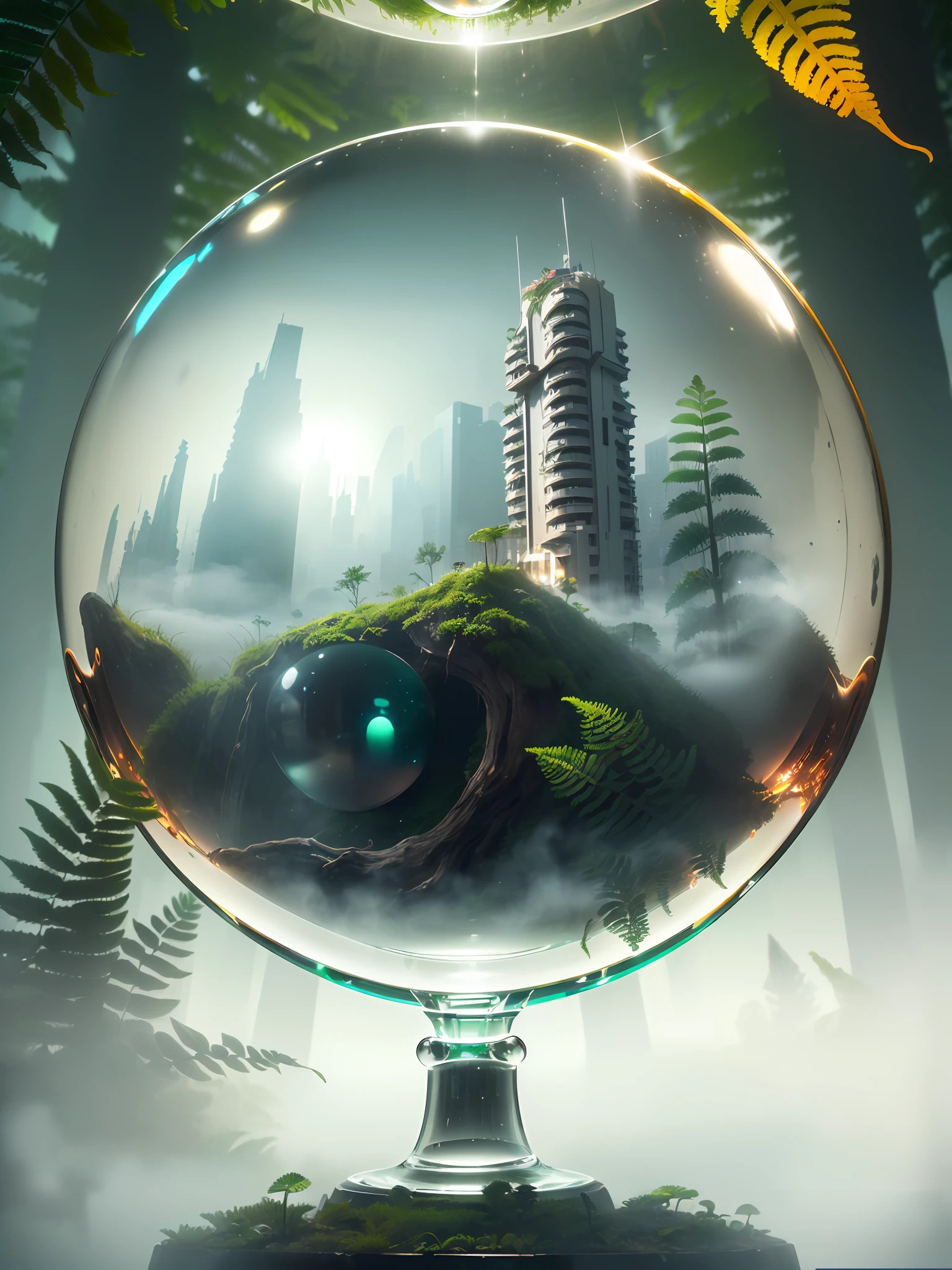 Hyper-realistic、16K High Resolution、Large-scale、(Maximum Sharp Focus:1.3)、(Maximum Close-up:1.5)、(Modern high-rise tower apartment with pedestal on table in foggy forest trapped in crystal ball:1.4)、Inside the crystal ball(cyberpunked、mosses、ferns:1.5)