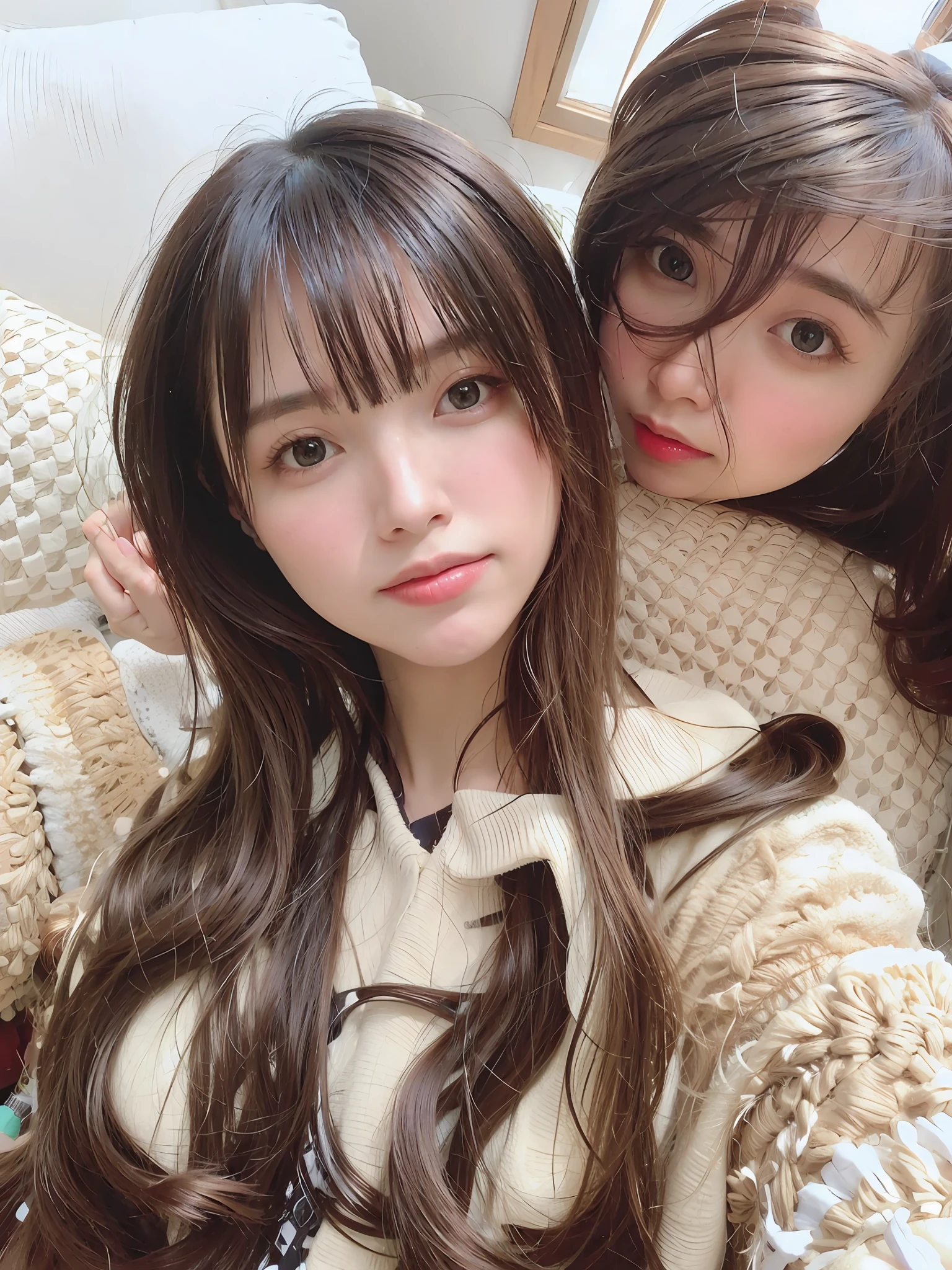 The girl sits on the sofa，A teddy bear on the back, tidy hair，By bangs, Long hair with bangs, long whitr hair，Bangs remain unchanged, Fluffy bangs, light-brown long hair，By bangs, pale brown hair，By bangs, Soft hair, Light brown hair and bangs,