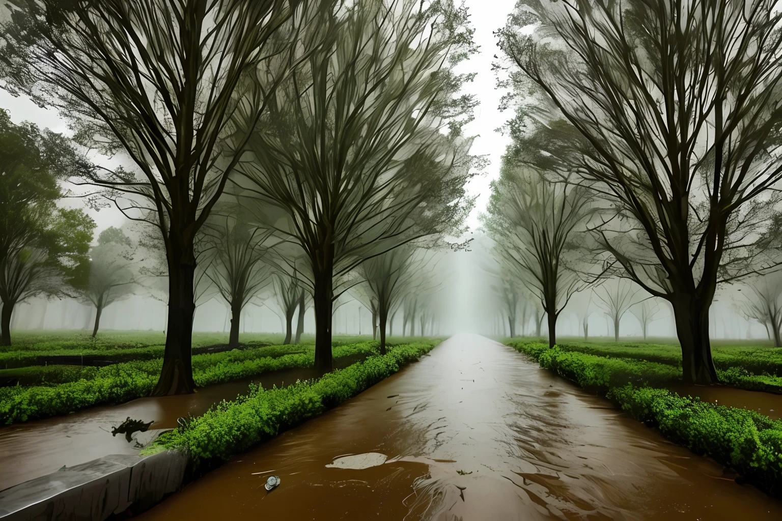 Heavy rain weather，There are trees，Doomsday scenario