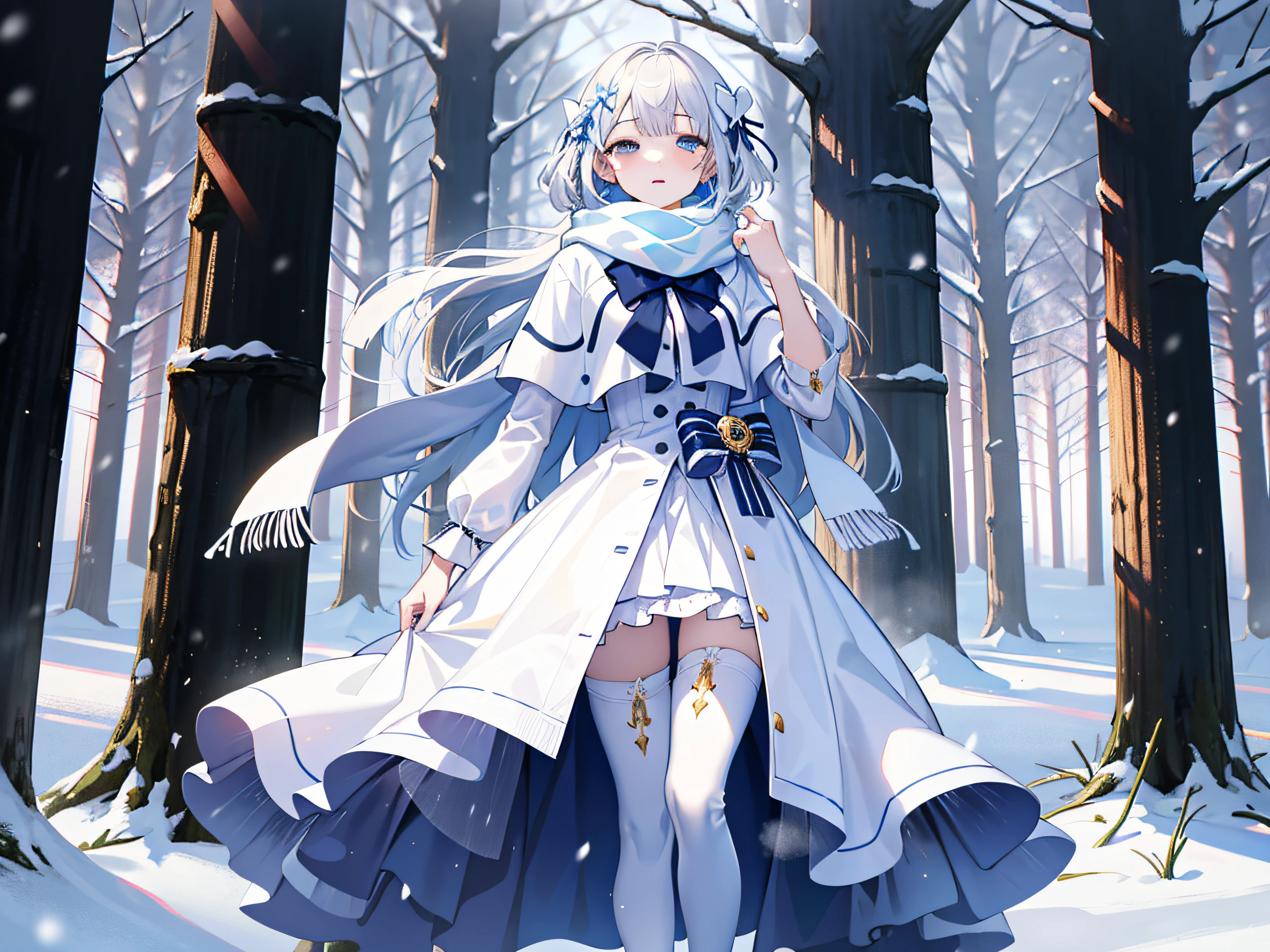 Light blue eyes,Princess cut,whaite hair,White thigh boots,White Gothololita,White over-the-knee stockings,white bows,Full body like,sweeping bangs,Semi-closed Eyes,Long white scarf,ln the forest,the night,at winter season,tmasterpiece,4K,Award-winning photos,extremely detaile,finely detailled,Highly detailed woman,s girl,Extremely detailed eyes and face,best qualtiy,Indifferent expression,standing on your feet
