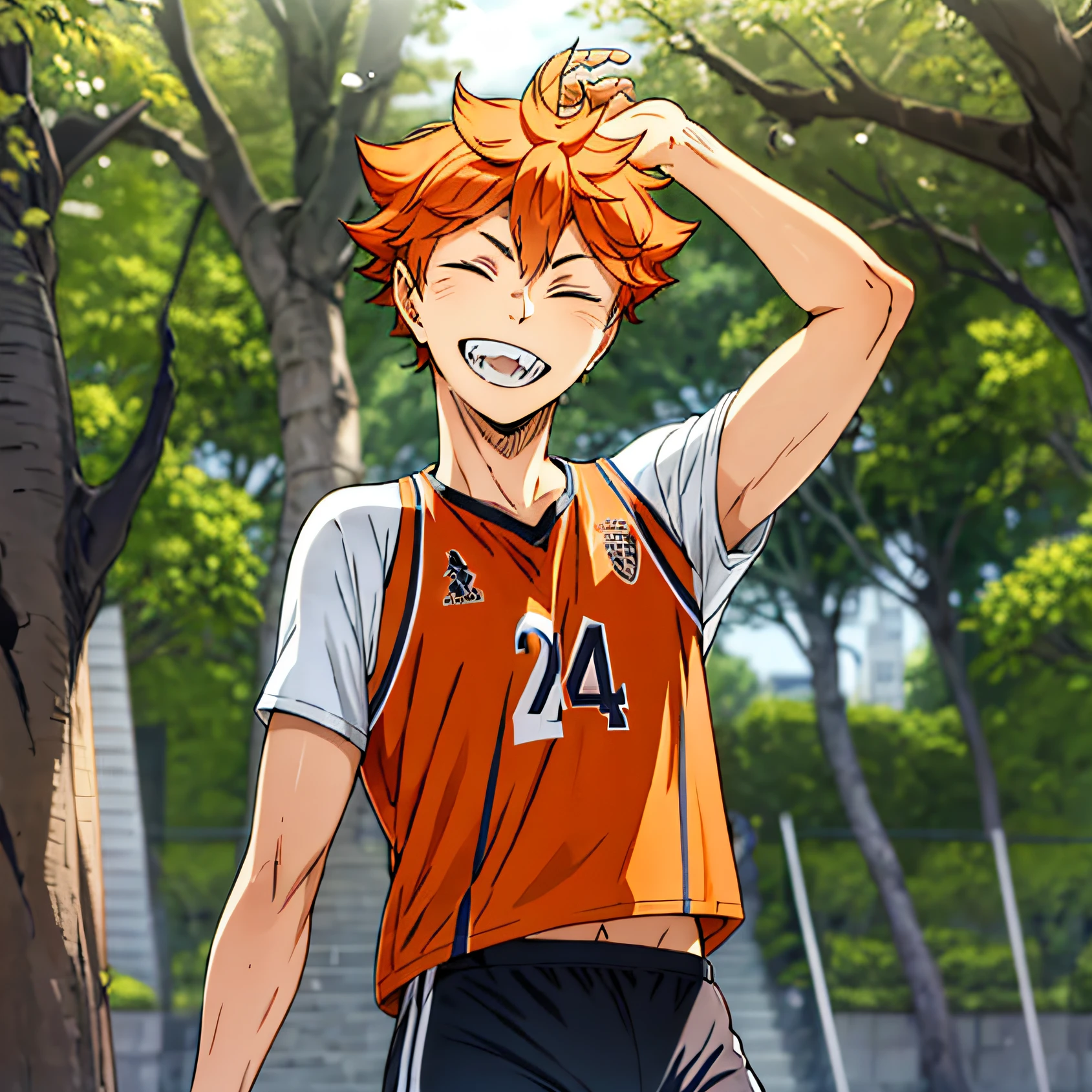 hight resolution, masterpiece, Hinata Shoyang, orange color hair, 独奏, 1 boy, male people, volleyball court, takeout,blue open sky, the woods, , A detailed eye,a smile,