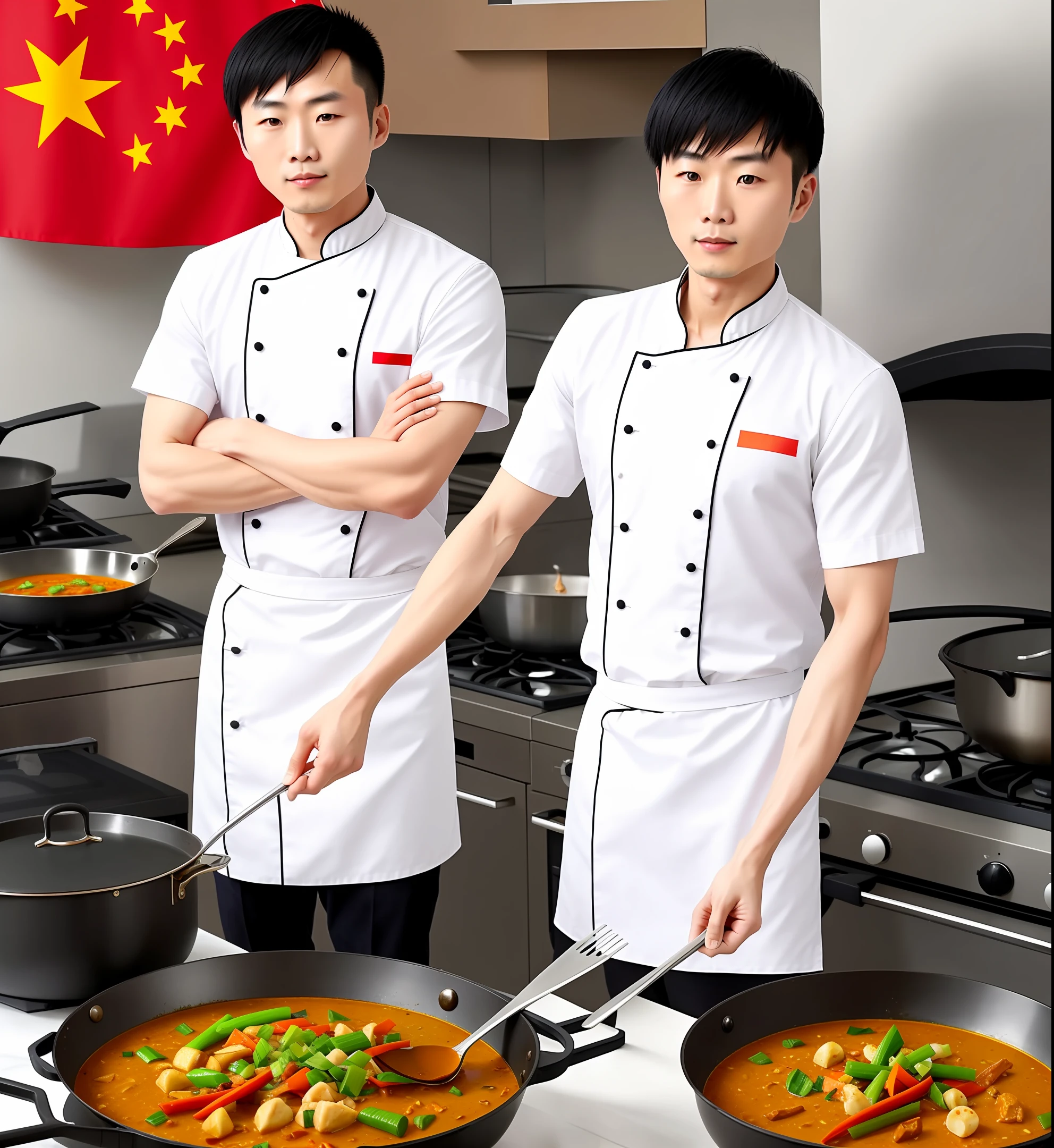 Muscular chinese man stand in front of China flag cooking curry