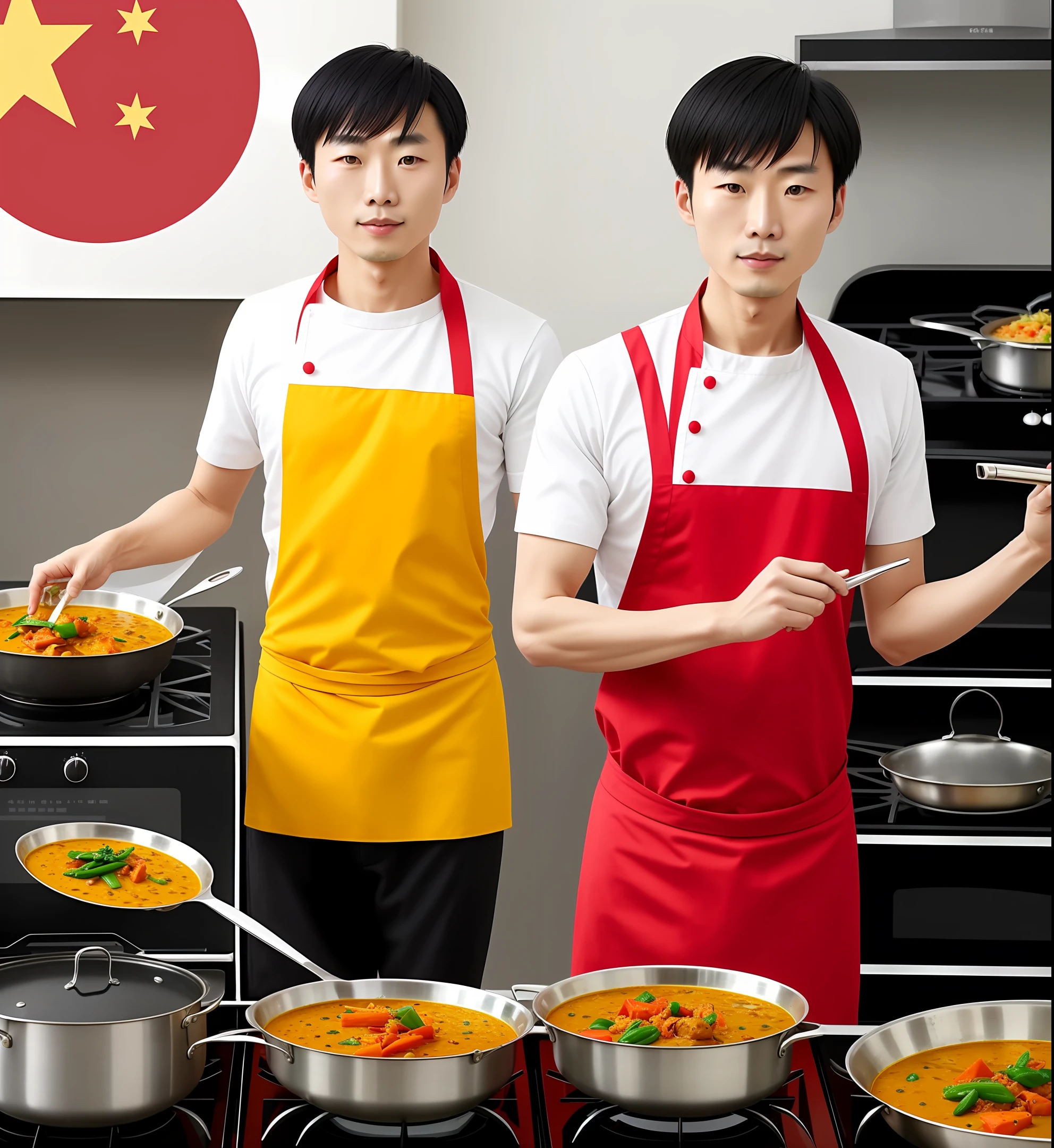 Muscular chinese man stand in front of China flag cooking curry