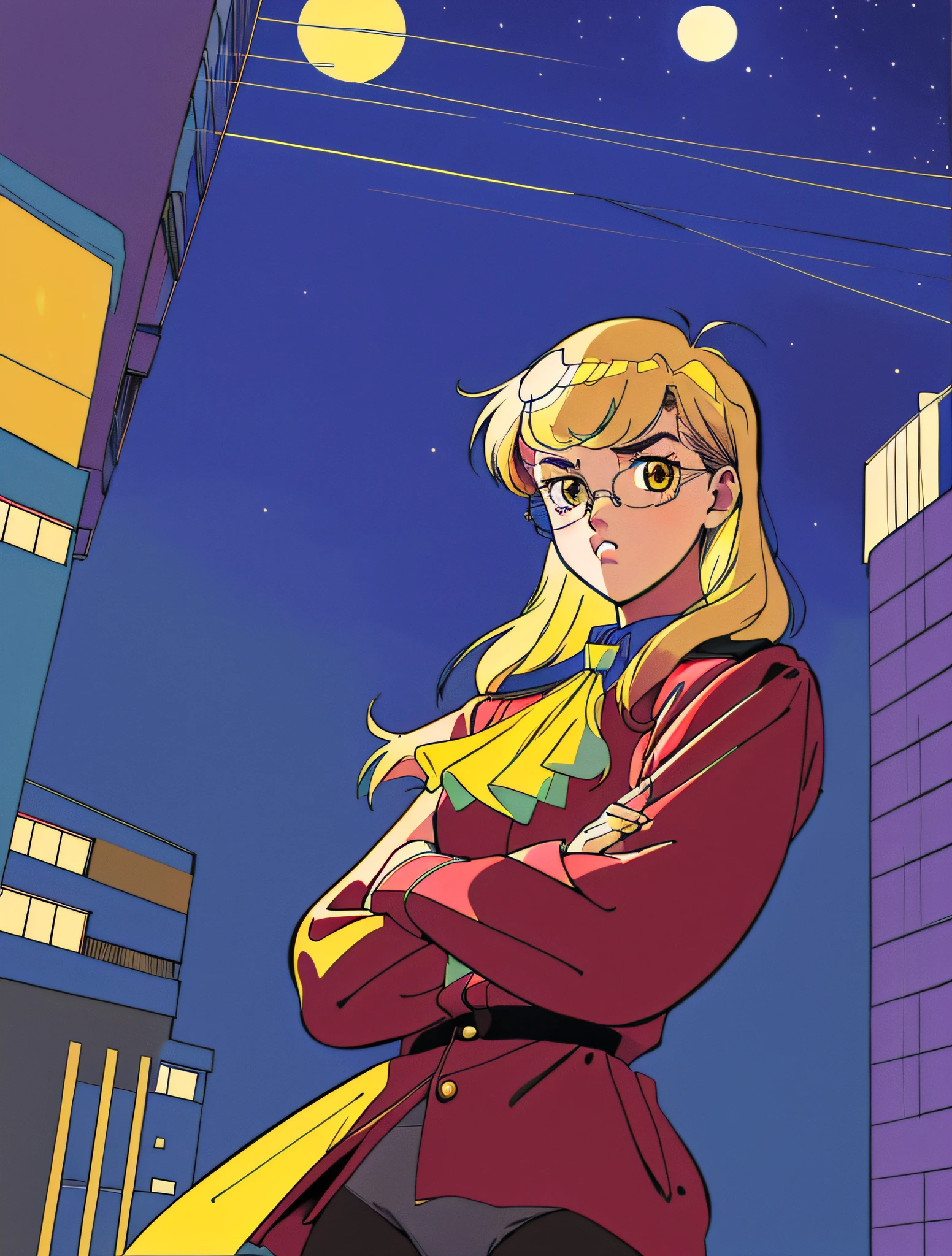 (((retro artstyle))) ((masterpiece)) 1Girl , Solo , Perrine , upper body, portrait , photoshoot , blonde hair , glasses , yellow eyes ,, white ascot , military , uniform , black pantyhose , panties under pantyhose , buttons , looking at viewer , facing viewer , crossed arms , disdain , 1980s (style) , city background at night ,