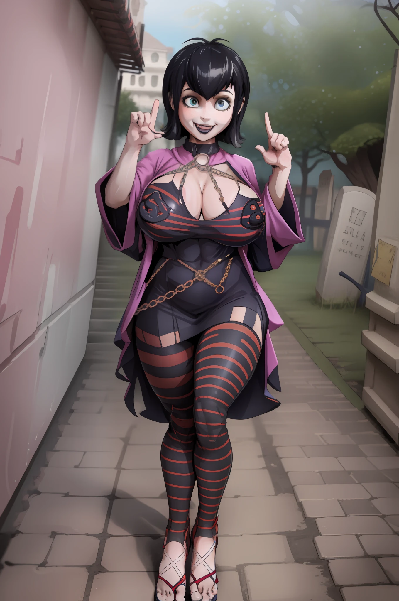 Mavis_dracula, full body, pantyhose, huge breast, pants, goth, long dress, black hair, flip flips, smile, long robe, skirt, victorian clothing