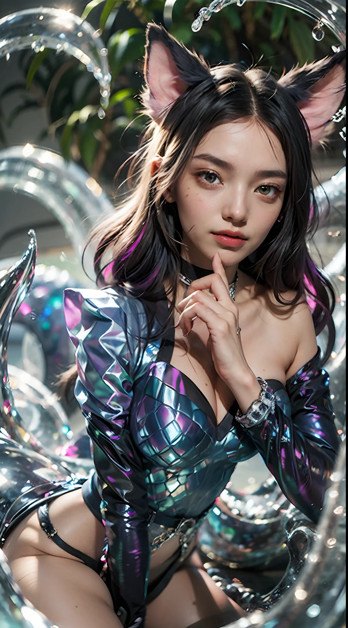 1girll,Ali,Ali\(league of legend\), K/DA\(league of legend\),Animal ear, face markings, fox ear, fox tails, orange eyes,Multiple tails,coda,Water Technique,Raised sexy,Coquettish,dewpoint,Dewy