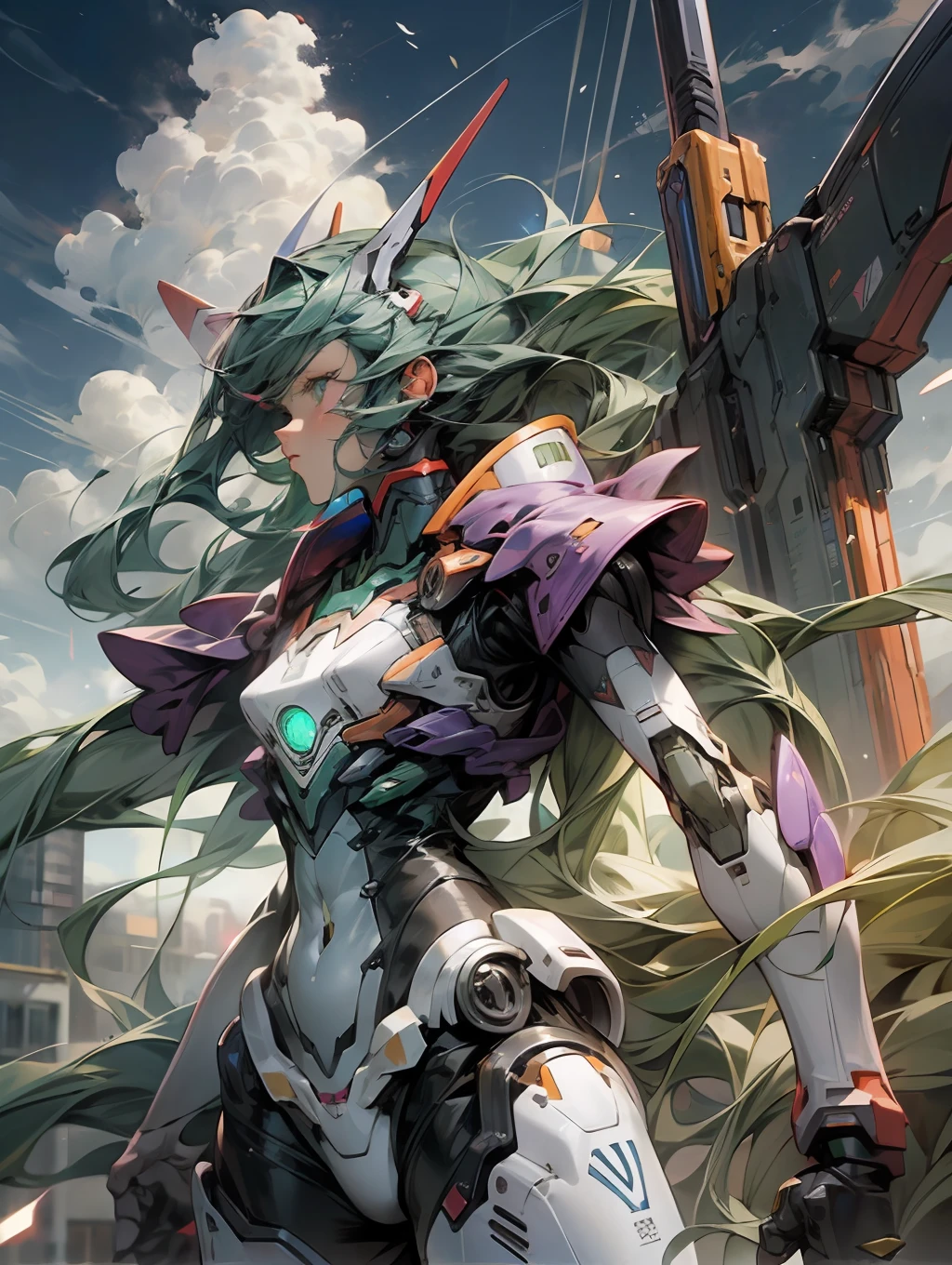 Shin Evangelion,Body No. 01,tmasterpiece, Best quality at best, Skysky, clouds, holding_weapon, with light glowing, droid, build, glowing_eyes, mechs, science_fiction, 城市, quadratic element, mechs, Purple and green body, full bodyesbian, Look into the distance, --auto --s2