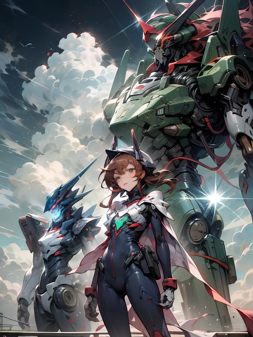 Shin Evangelion,Body No. 01,tmasterpiece, Best quality at best, Skysky, clouds, holding_weapon, with light glowing, droid, build, glowing_eyes, mechs, science_fiction, 城市, quadratic element, mechs, Purple and green body, full bodyesbian, Look into the distance, --auto --s2