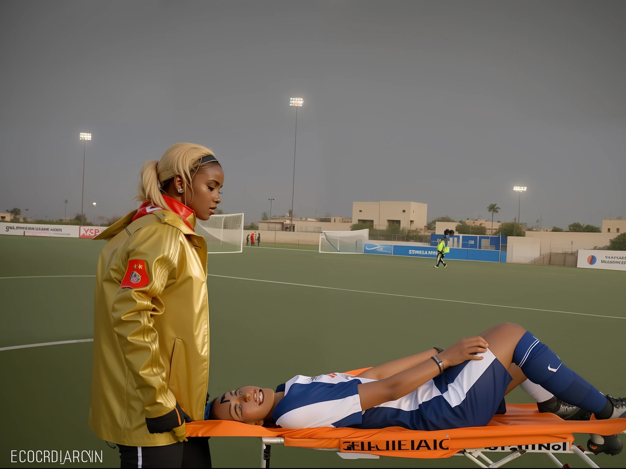 soccer, sports injury, thatralic erotic action, intense erotoc scene, erotic pose, a love scene, interracial loving action, erotic, an injured soccer-boy in matte cotton sportswear is rearing up in pain on a stretcher, an injured soccer-boy in matte cotton sportswear is rearing up in pain on a stretcher that is carried by his syrian girlfriend, there is an attractive syrian girl in a high-shine biker-jacket, a terrified but attractive syrian girl is evacuating her injured soccer-boyfriend from a soccer field, an injured soccer-boy in matte cotton sportswear is rearing up in pain on a stretcher while he is evacuated from the field of play by his very attractive syrian girlfriend, an injured soccer-boy is crying in pain, an attractive african girl in a wet shiny plastic-jacket is giving first aid, dramatic action scene, first aid, injury, pain, agony, helping woman, woman carrying a man, an attractive african girl in a shiny biker- jacket, an attractive african girl in a wetlook shiny patent-leather-biker-jacket with lipstick and madeup smokey eyes, a consciousless german boy in a cotton shirt and a matte jeans, an attractive african girl with lots of makeup in a very shiny wet black biker-jacket, an attractive african girl is wearing a shiny bikerjacket, an attractive african girl with smokey eyes, an attractive madeup girl in shiny leather with lipstick, an attractiveafrican girl is carrying a german boy in her arms, a matte clothed injured boy, a shorthaired boy with cotton t-shirt, a shorthaired boy needs to be carried while wearing matte sportswear