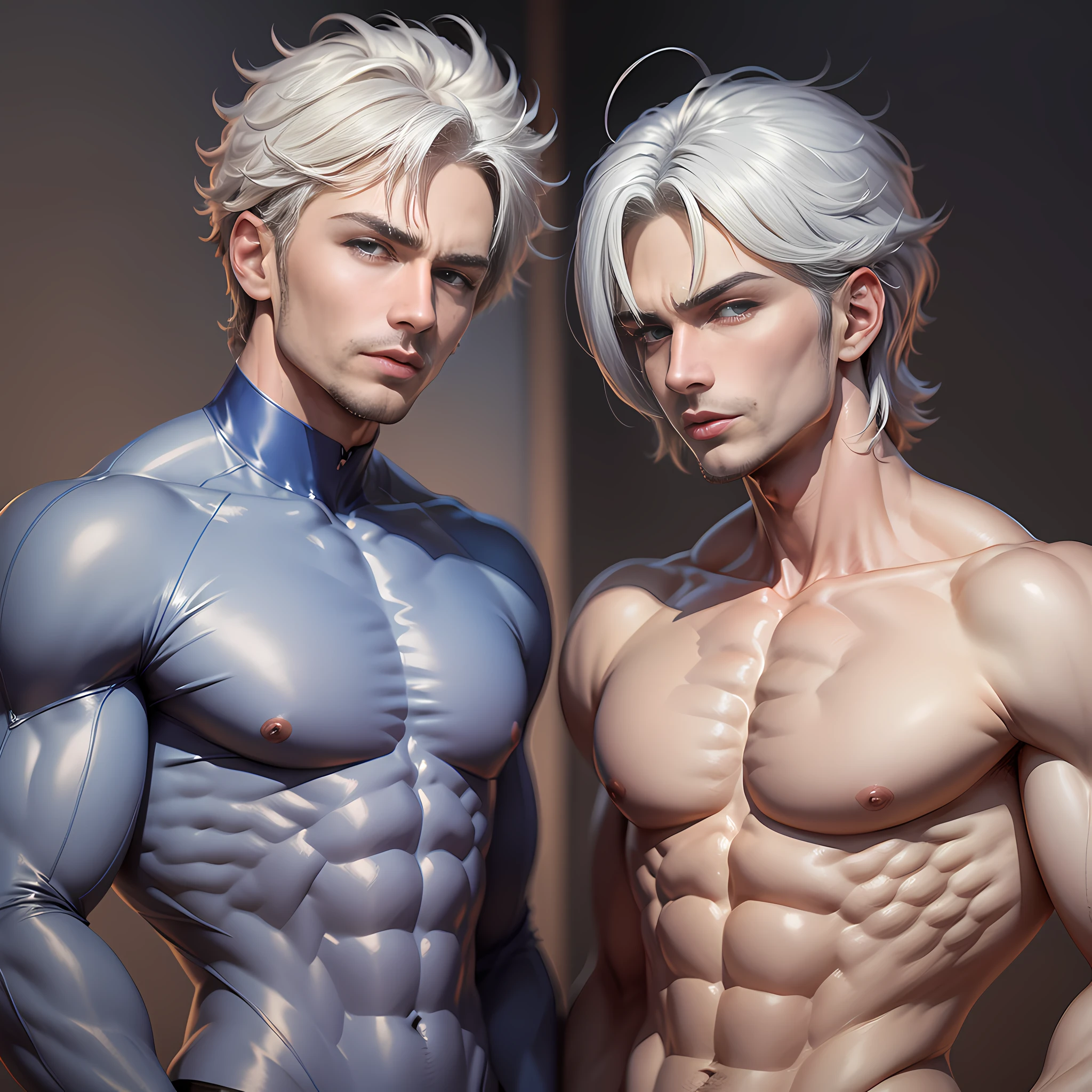 Two men,seminude,Abs,full bodyesbian,Perspectiva subjetiva,Seven-doppelganger shot,Royal blue eyes,Lick lip,Gradient gray hair,complementary colours,lightand shade contrast,style of anime,high detal,8K,The is very detailed,acurate,best qualtiy,anatomy correct