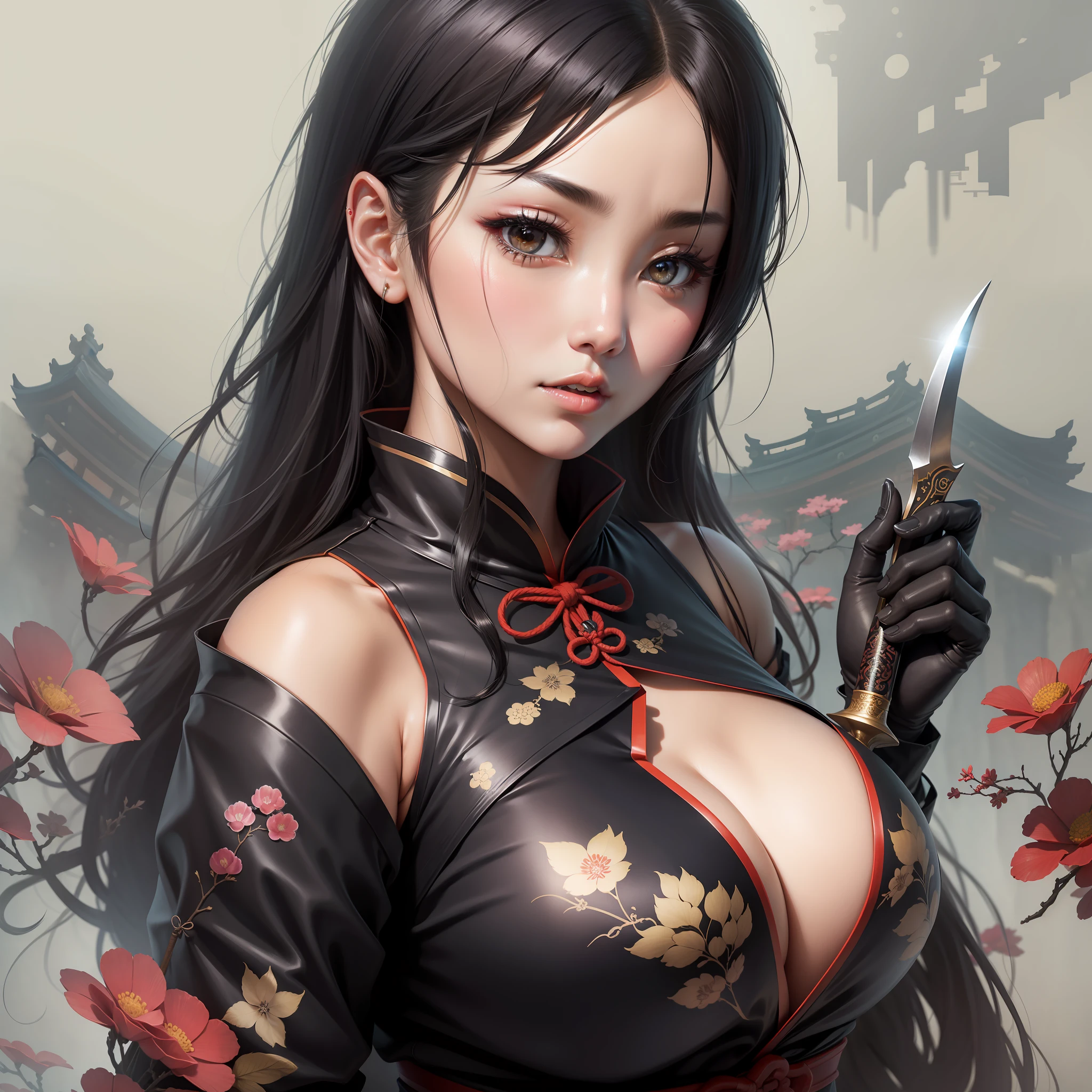 Black haired beauty、japanes、Gentle face、eyes gentle、Colossal tits、Ninja attire cheongsam style、Black background、Holding a dagger、high-level image quality、Fantastical、Eau、A Japanese style、