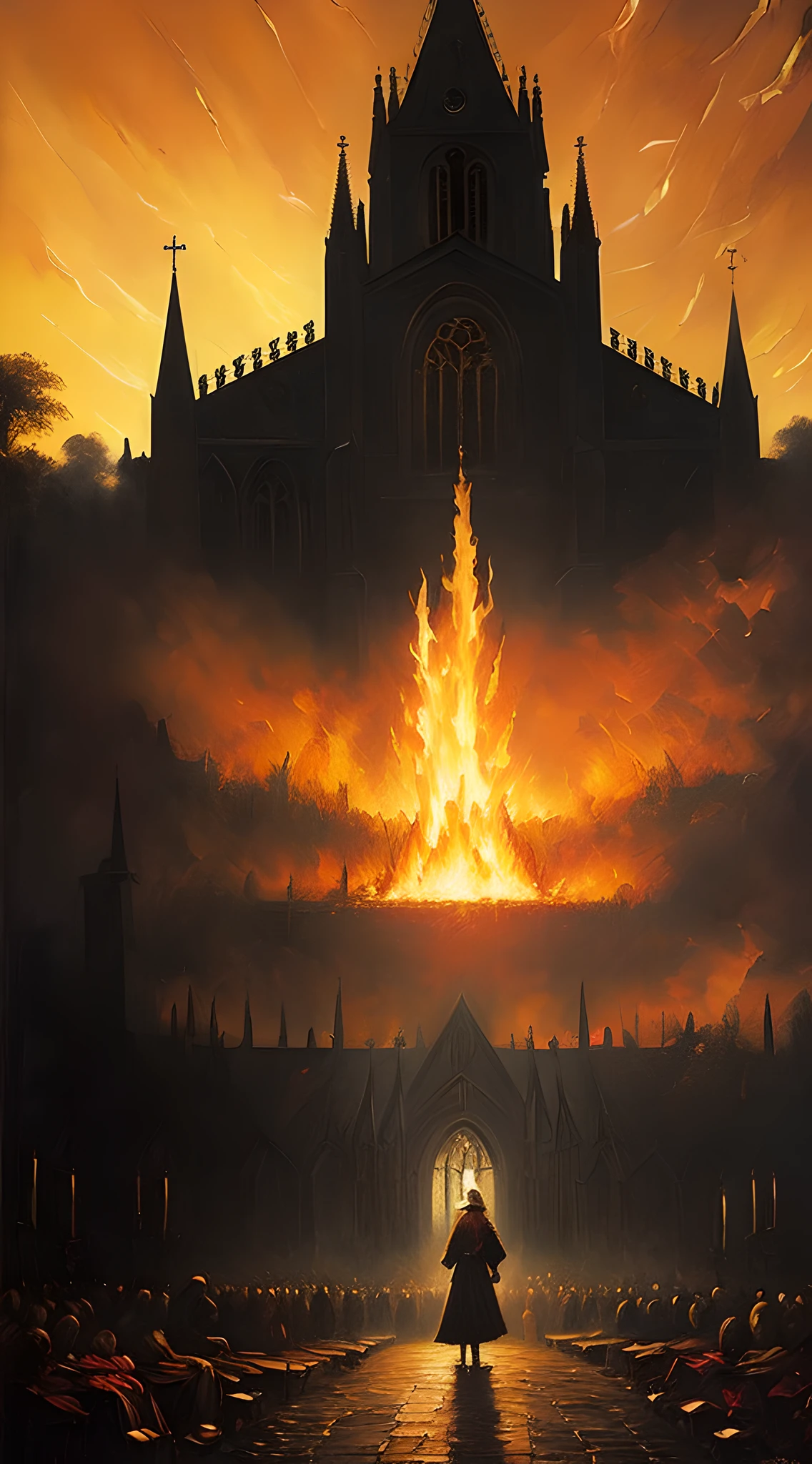 (masterpiece, oil painting, detailed, Greg Rutkowski style:1.3), terrified woman accused of witchcraft, ragged dress, (wide fear-filled eyes:1.1), chained at the stake, roaring fire, hysteric crowd, pitchforks, torches, 15th-century European village backdrop, darkened skies, (ominous church silhouette:1.2), subtle orange glow reflecting off cobblestones, intense emotions, warm colors, dramatic lighting, diagonal shot, facing the crowd.
