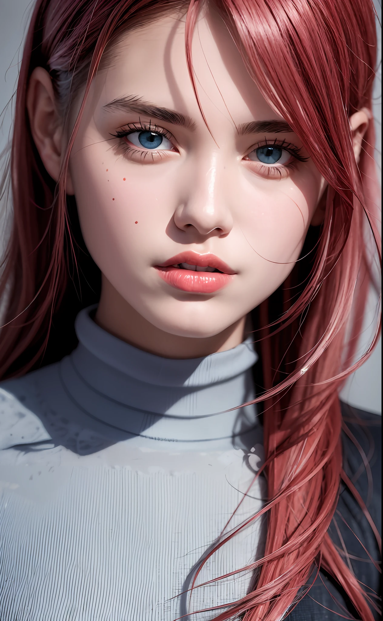 best quality, ultra high res, (photorealistic:1.4), (detailed beautiful girl:1.4), (medium breasts:0.8), looking_at_viewer, Detailed facial details, beautiful detailed eyes,pink hair, blue eyes, slender, haunting smile, (makeup:0.3), red lips, highly detailed clothes, (ulzzang-6500-v1.1:0.3)
