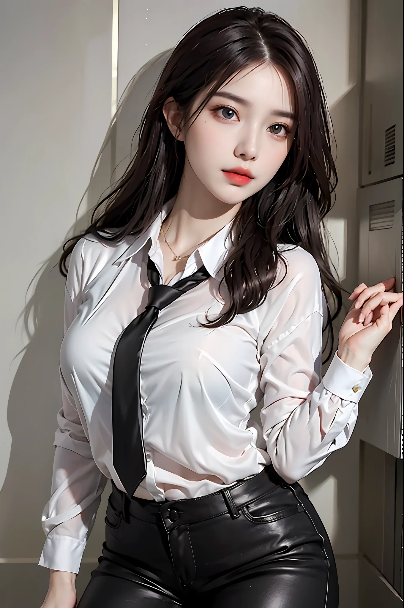 photorealistic, high resolution, 1 girl, hips up, beautiful eyes,black suit,red hair, ringed eyes, beautifuleyes, collared shirt,black necktie,black pants