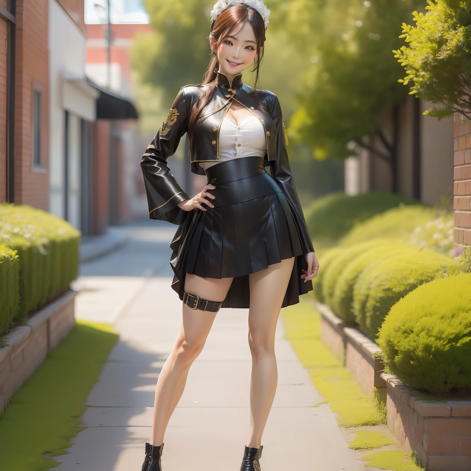 （（HD realistic，SAMA1 level）），Extremely realistic，tmasterpiece，最好质量，校服，Bigchest，black glove，pleatedskirt，25 years old model，naked leg，Raised sexy，standing on your feet，Enchanted smile，Breathtakingly beautiful，Full body photo