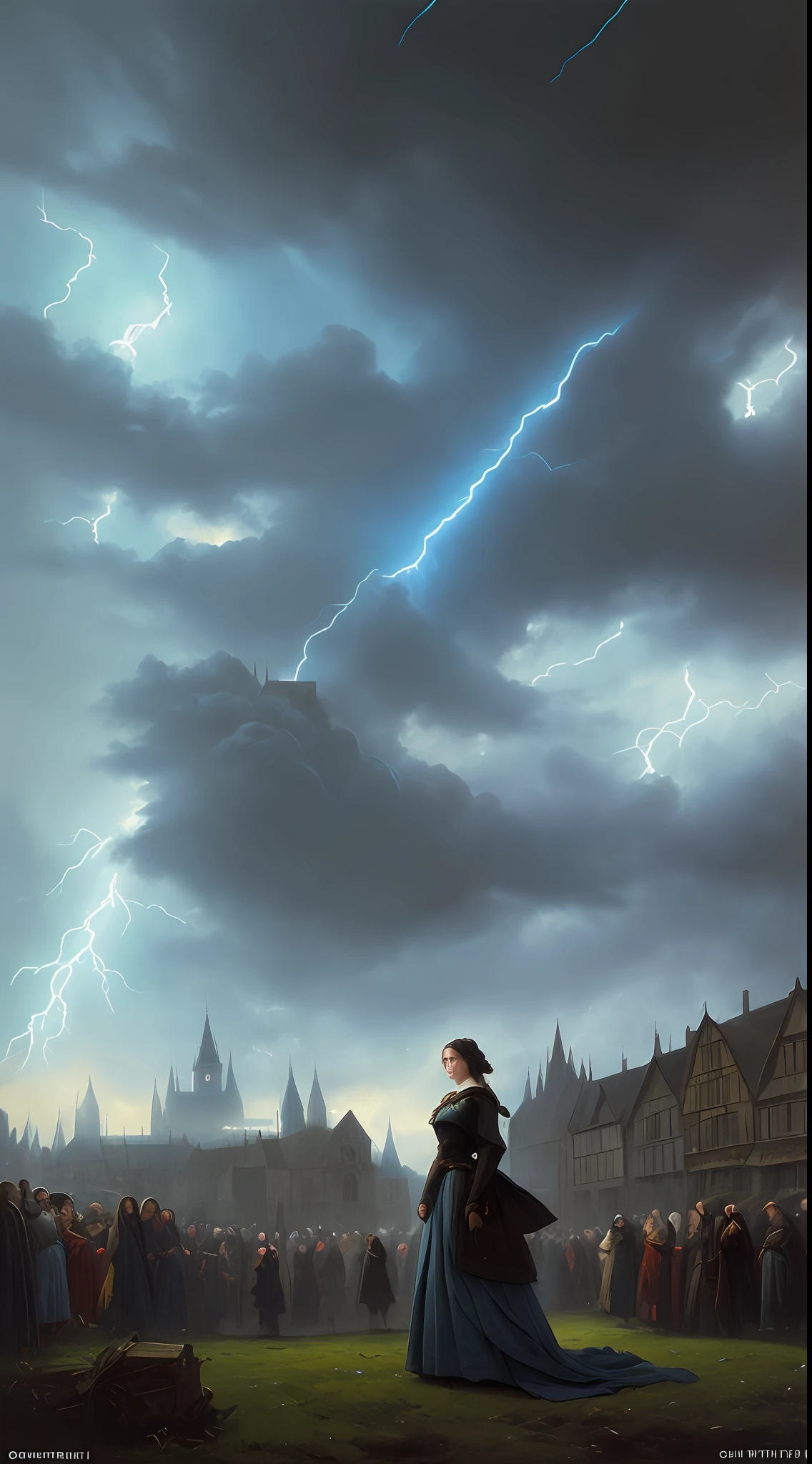 (masterpiece, UHD, oil painting, Greg Rutkowski influence:1.3), bewildered young woman accused of witchery, (pale blue eyes:1.2), shackled hands, surrounded by grim-faced villagers, medieval town square, gallows in the distance, ominous clouds looming, (flashes of lightning illuminating the scene:1.1), fervor in the crowd, fear and suspicion, stark contrast, cool colors, dynamic angle, looking upwards.