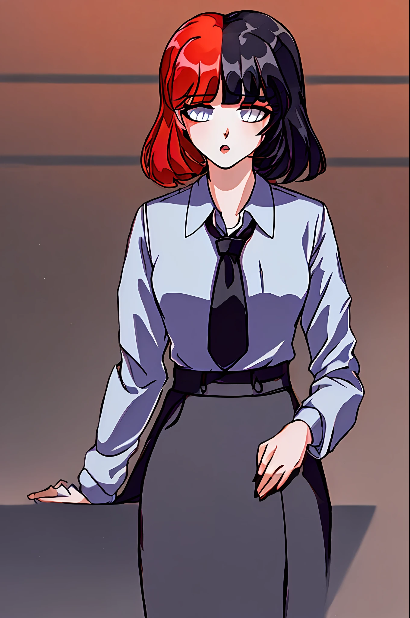 ((tmasterpiece, Best Quality))), ((独奏, 1girl)), ((redhead hair, black  hair, multi-colored hair)), (white  shirt, black necktie), Short Hair Hair, white pantyhose, Sits, very detail, photorealestic, photo realism, Surprised, Puzzled, Sad, Slightly blurry background