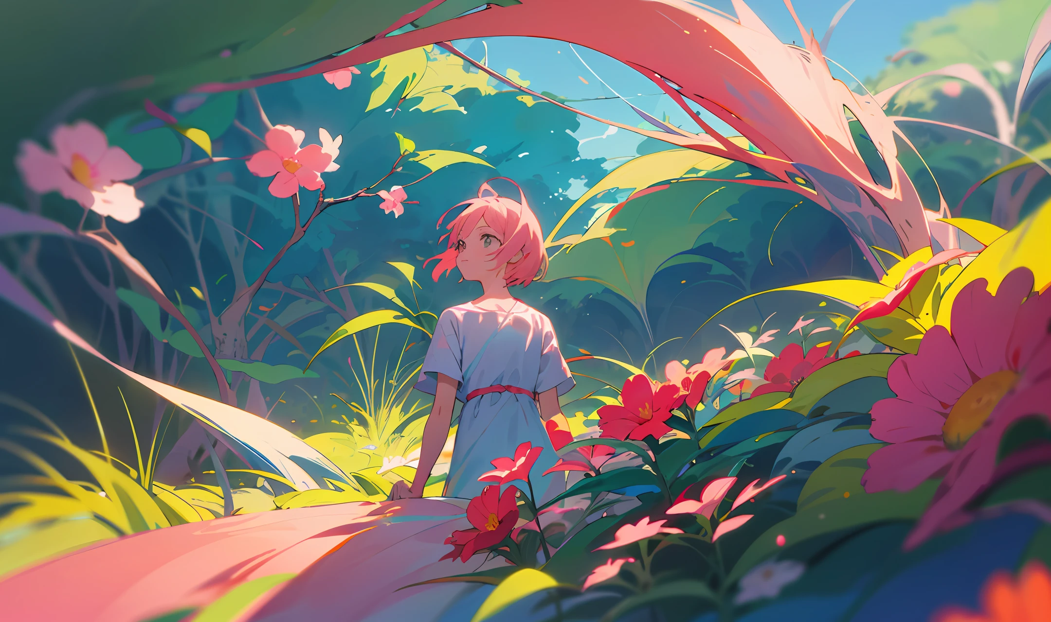 Lofi , 1girl em uma linda floresta sol do meio dia .estilo de arte anime . Obra prima melhor qualidade