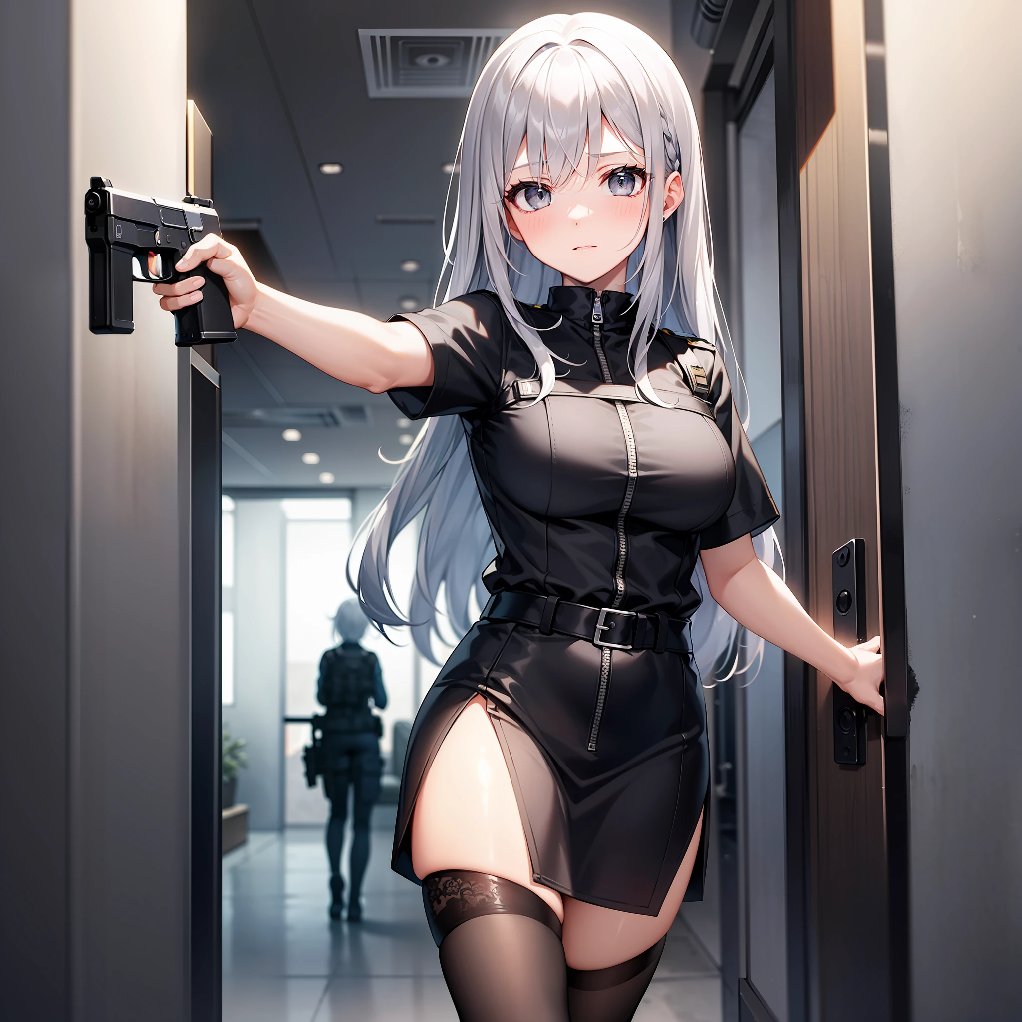 1 girl, hand gun, shooting, in the building, silver hair, grey eyes, black clothes, special operations, special force