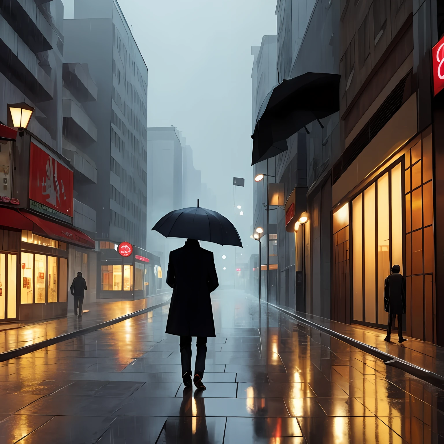 Man smoking cigarettes,In the rain,An umbrella,Back shadow,One meter eight,anime big breast,Long legs,cel shadow