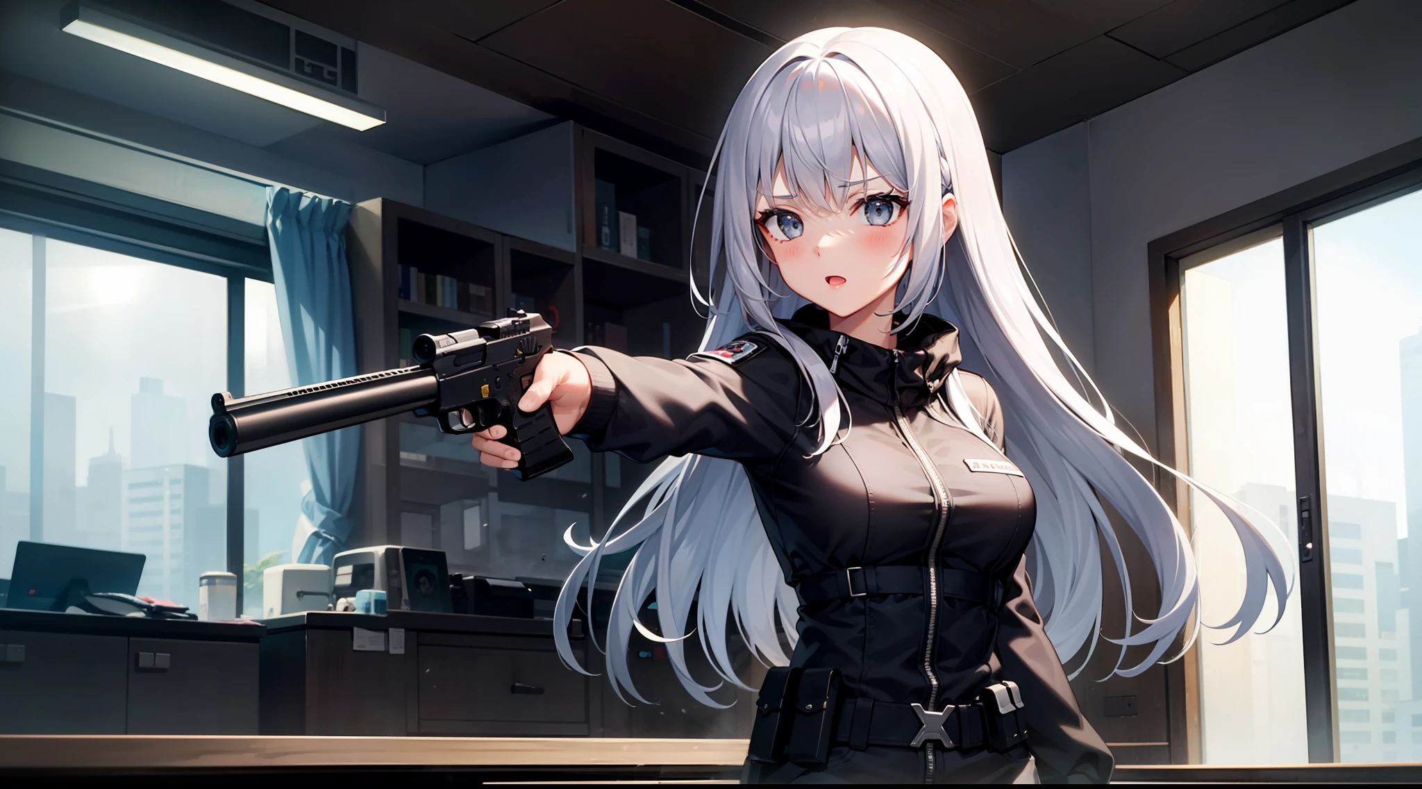 1 girl, hand gun, shooting, in the building, silver hair, grey eyes, black clothes, special operations, special force, hyper dynamic, cinematic action