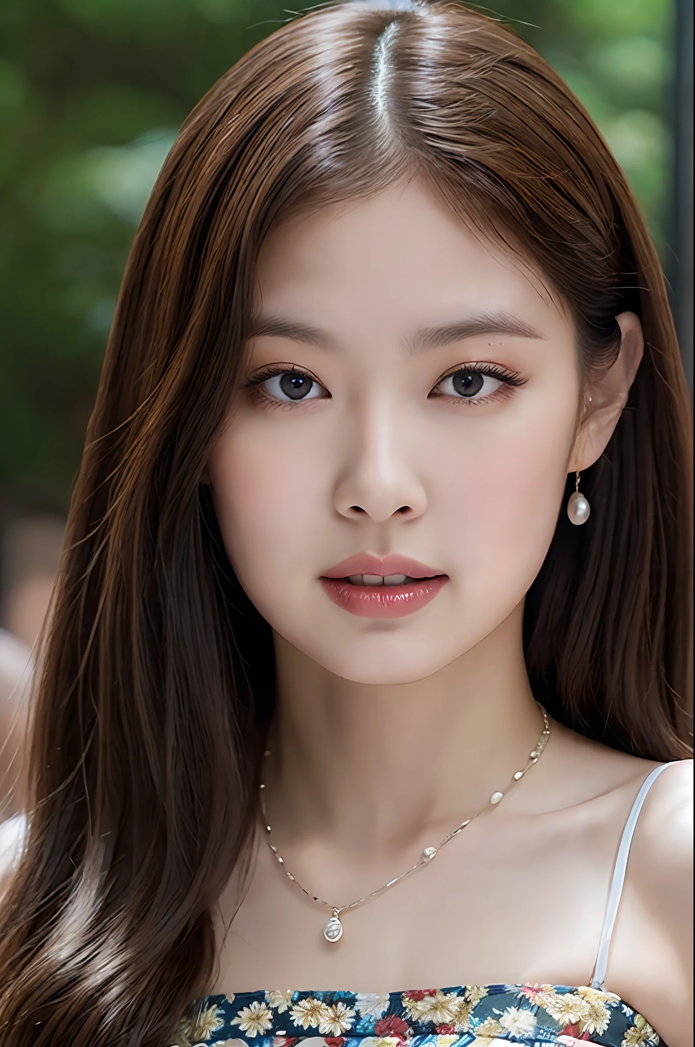 (8K, Best quality, Masterpiece: 1.2), (Realistic, Realistic: 1.37), Super detail, Portrait of a beautiful young woman wearing a floral sun dress, Long curly hair and pearl necklace