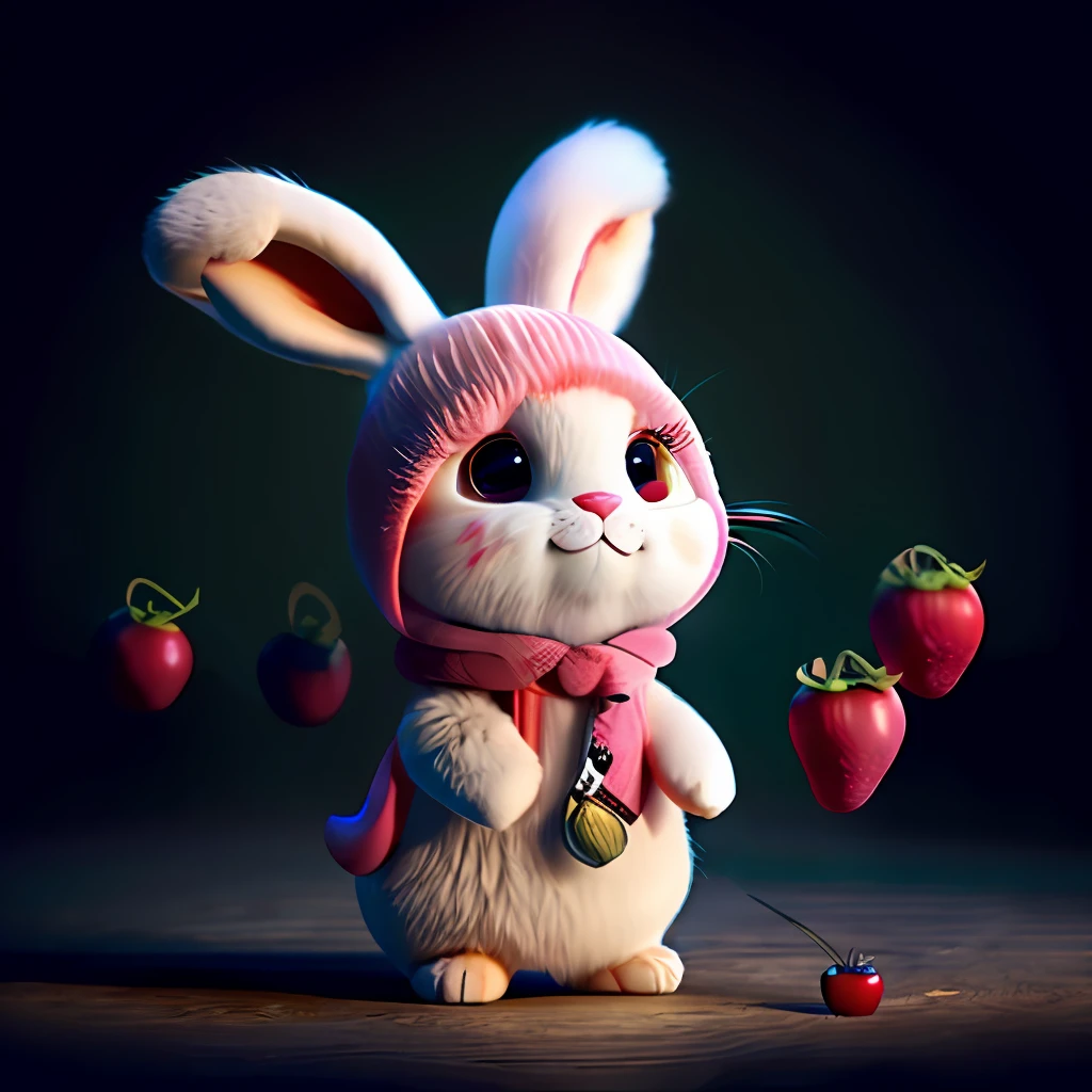 : 3. bunny, realistic, furry animal, apple, black eye, blush, cherry, food, fruit, full body, hat, non-human, strawberry, tomato, watermelon
