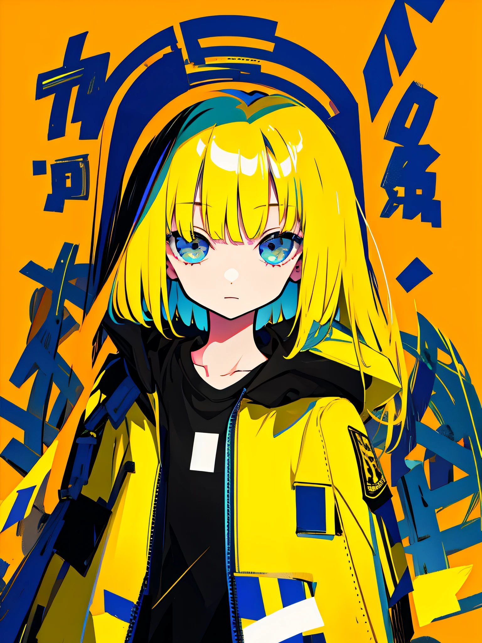 masterpiece, good quality, typography, 1girl, upper body, raincoat, flat clolor, (pop art, cyber:0.5), simple background, (distorted, deformed:0.4)