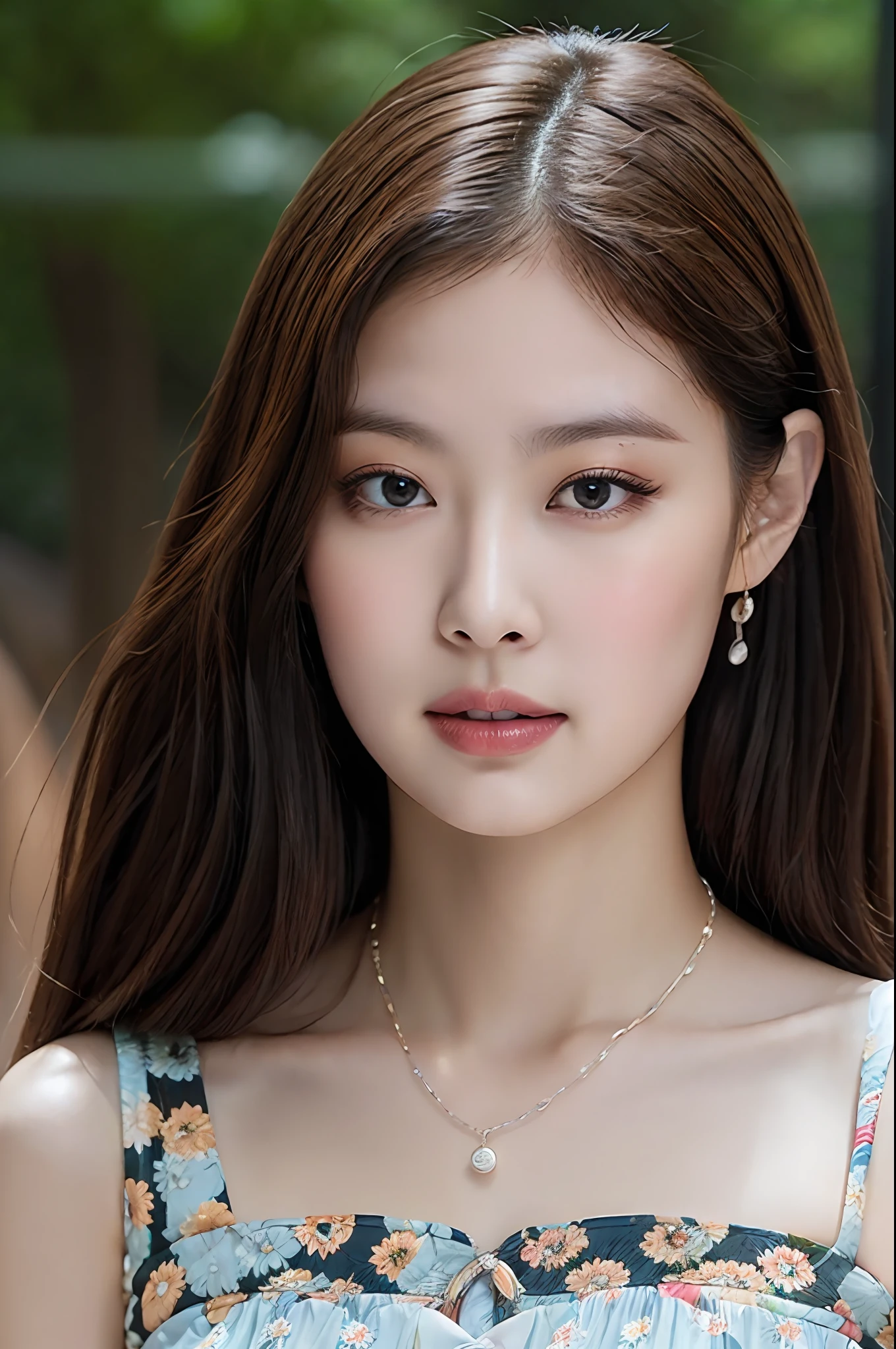 (8K, Best quality, Masterpiece: 1.2), (Realistic, Realistic: 1.37), Super detail, Portrait of a beautiful young woman wearing a floral sun dress, Long curly hair and pearl necklace