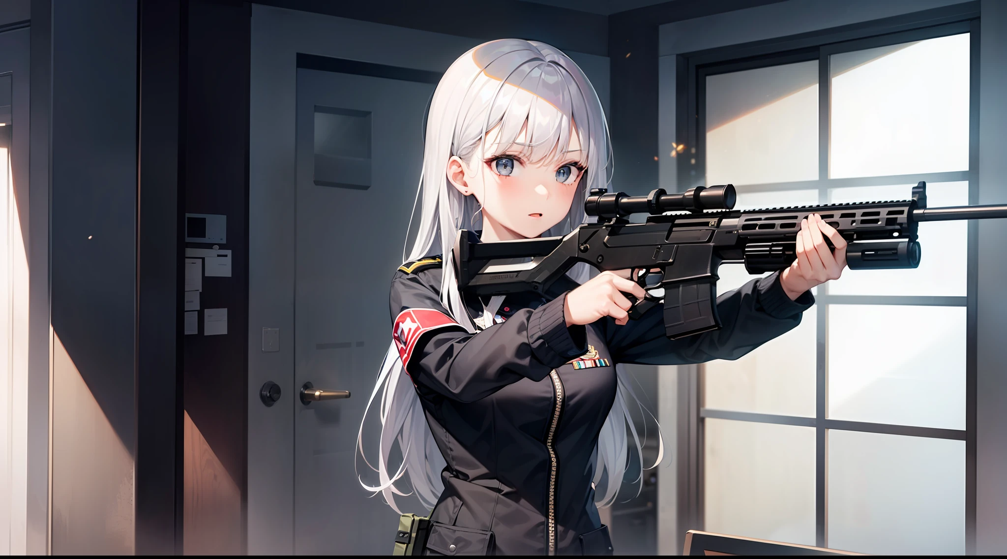 1 girl, semi-auto gun, shooting, in the building, silver hair, grey eyes, black clothes, special operations, special force, cinematic action