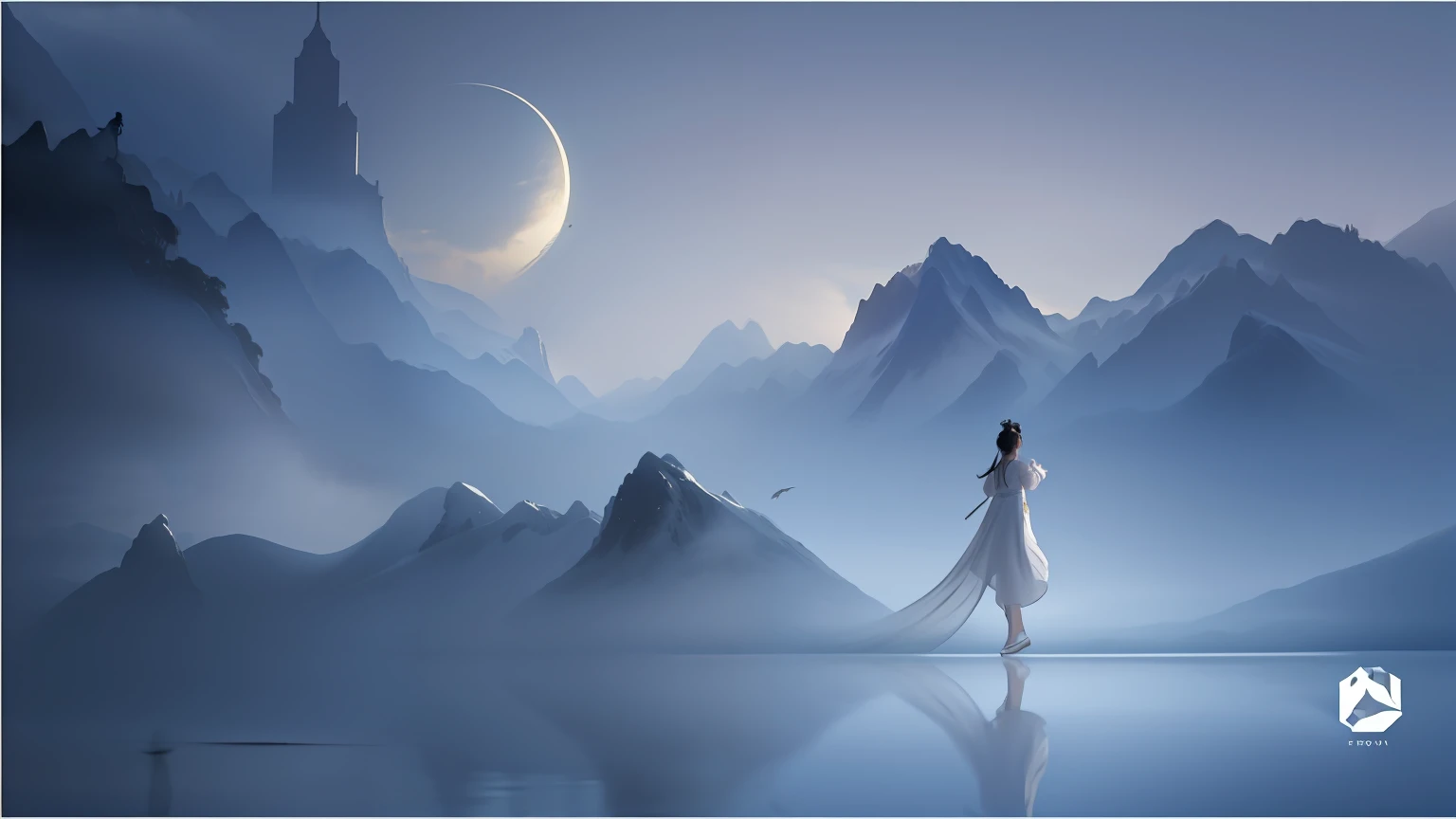 Image of Arafat walking across the lake with a woman in a long dress, a still of an ethereal, xianxia fantasy, Inspired by Ma Yuan, exquisite matte painting, fantasy movie still, Chinese fantasy, inspired by Tang Yin, inspired by Chen Yifei, dreamy matte painting, Inspired by Tang Yifen, in matte painting, matte painting portrait shot