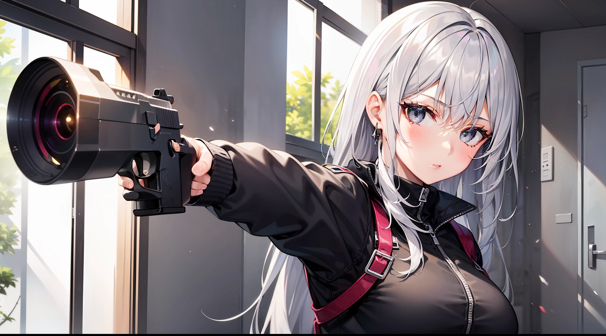 1 girl, hand gun, shooting, in the building, silver hair, grey eyes, black clothes, special operations, special force, dynamic action