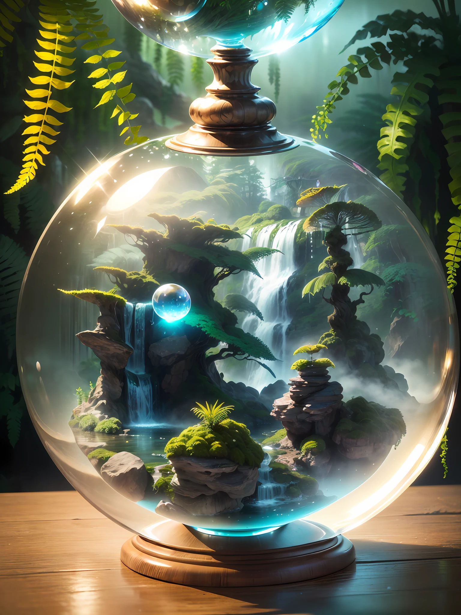 Hyper-realistic、16K High Resolution、Large-scale、(Maximum Sharp Focus:1.3)、(Maximum Close-up:1.5)、(Waterfall in the mist trapped in a crystal ball with a pedestal on a table:1.4)、Inside the crystal ball(aqua、mosses、ferns:1.5)