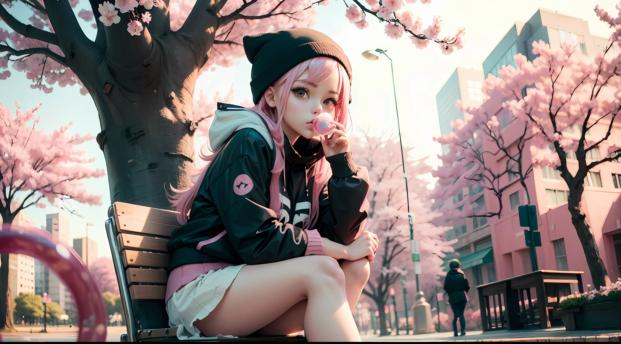 "(cute+sexy) anime girl, pink hair, big eyes, playful expression, blowing bubble gum, sitting in a city park, cherry blossoms in bloom, soft lighting, pastel color palette". --auto