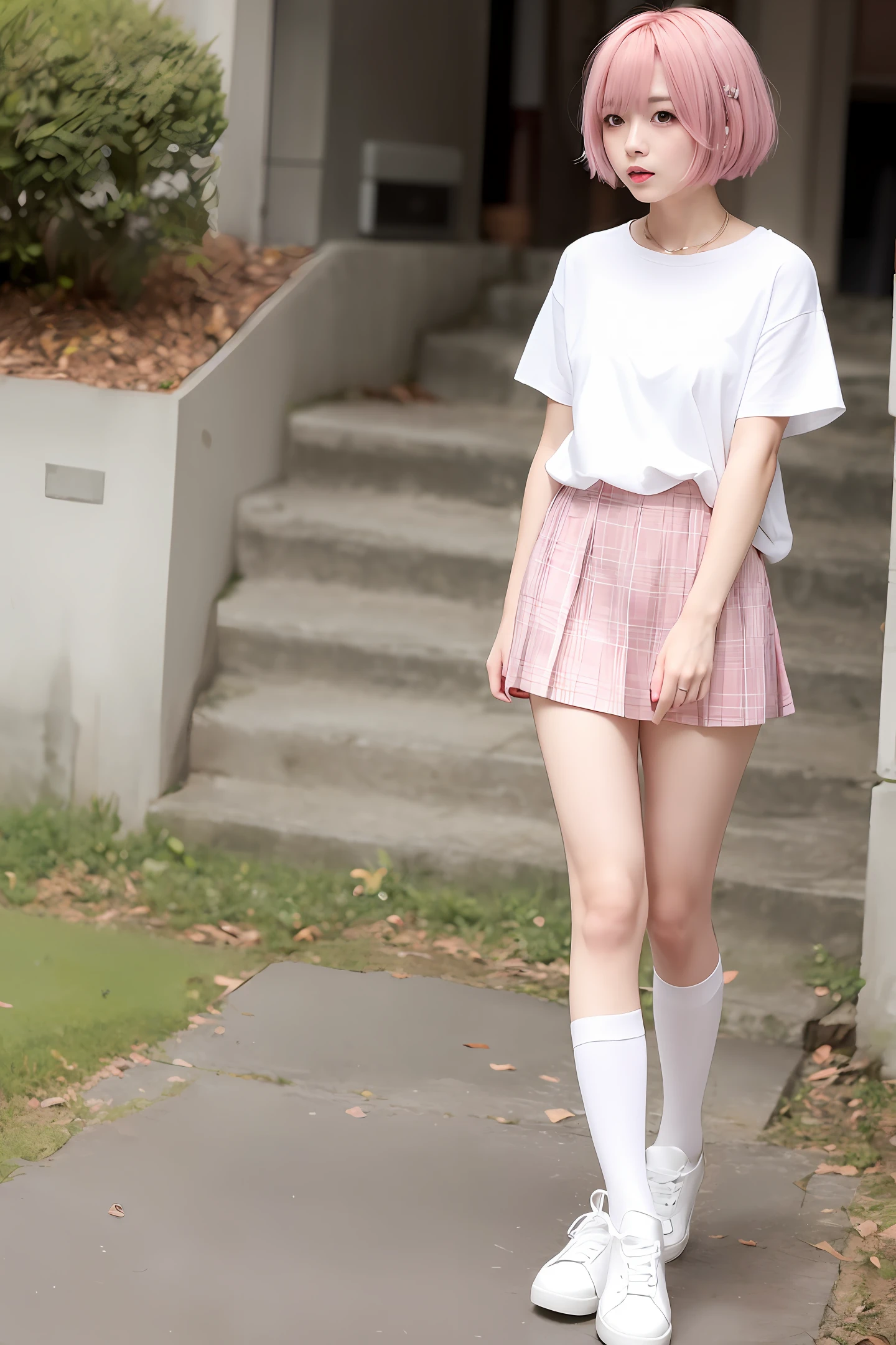 Pink hair，JK clothing，short  skirt，White stockings，White shoes